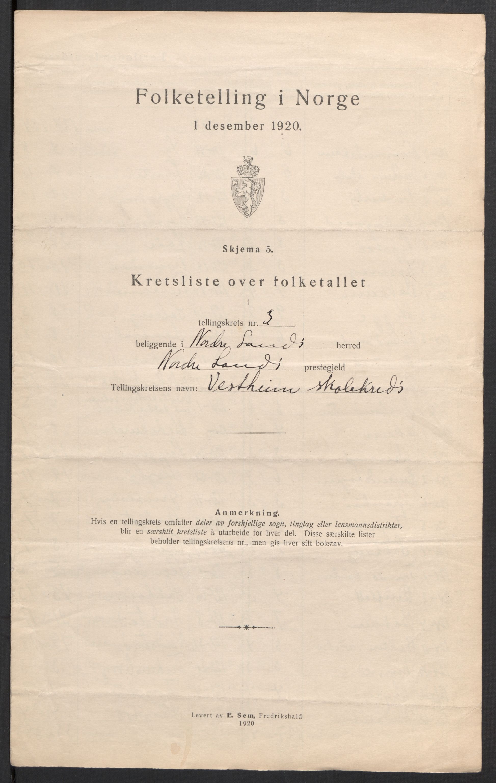 SAH, 1920 census for Nordre Land, 1920, p. 20