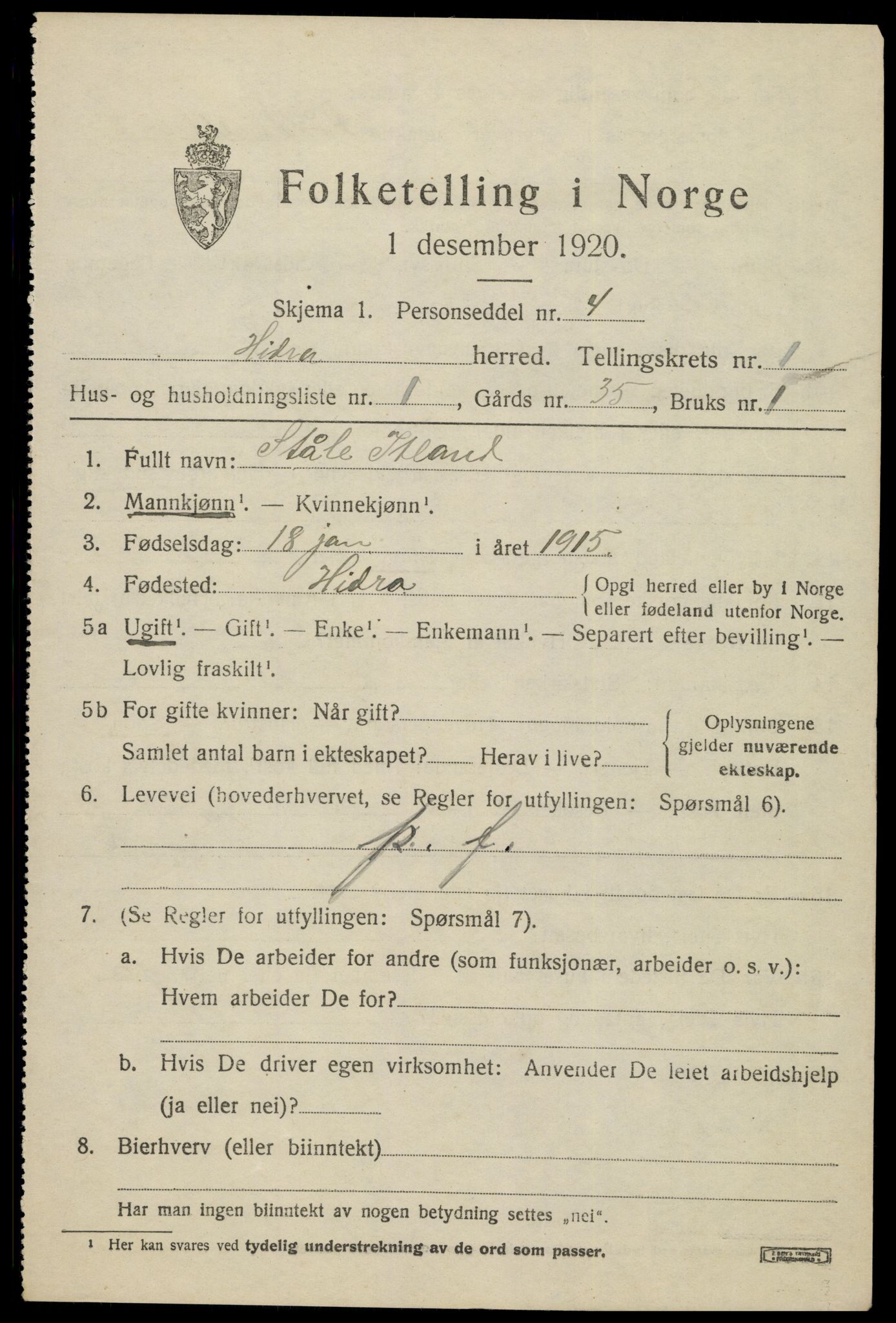 SAK, 1920 census for Hidra, 1920, p. 830