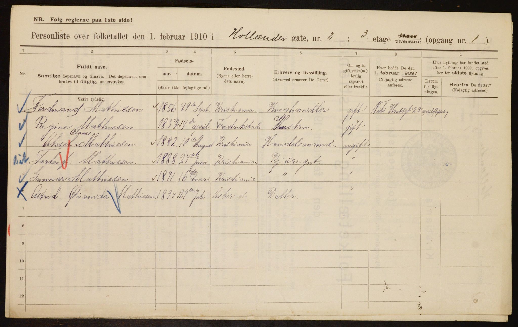 OBA, Municipal Census 1910 for Kristiania, 1910, p. 39864