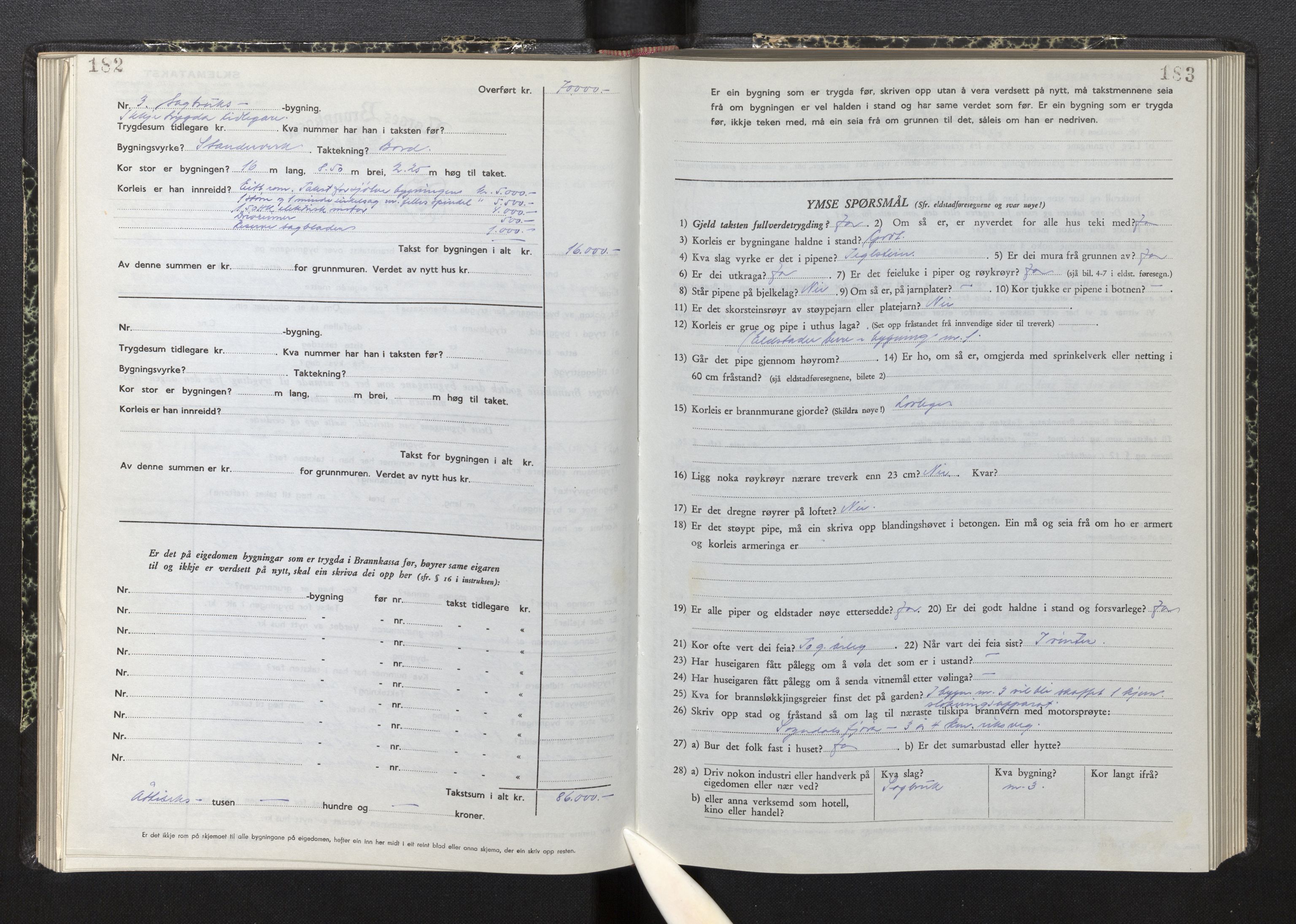 Lensmannen i Sogndal, AV/SAB-A-29901/0012/L0015: Branntakstprotokoll, skjematakst, 1950-1955, p. 182-183