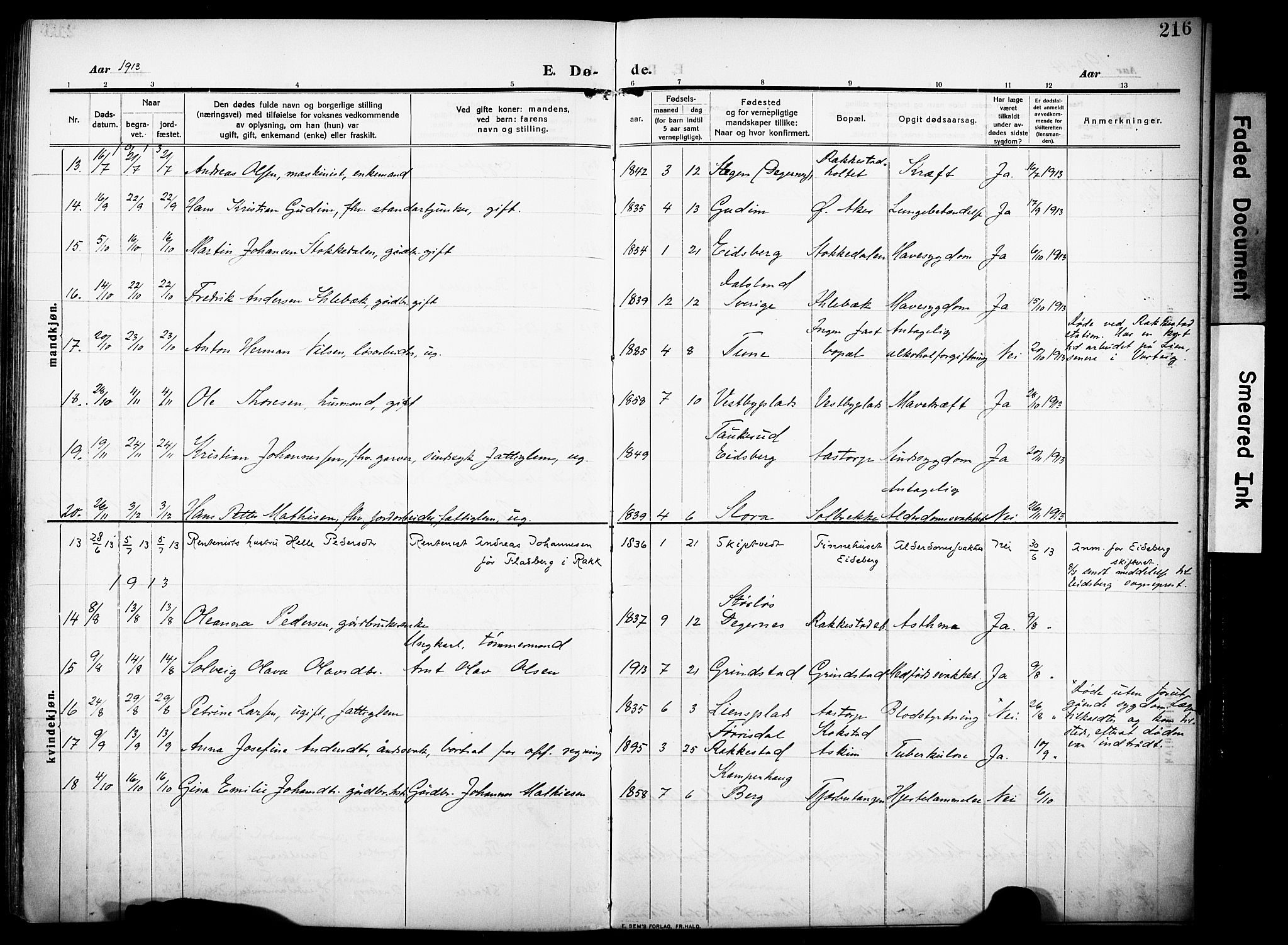 Rakkestad prestekontor Kirkebøker, AV/SAO-A-2008/F/Fa/L0015: Parish register (official) no. I 15, 1909-1922, p. 216