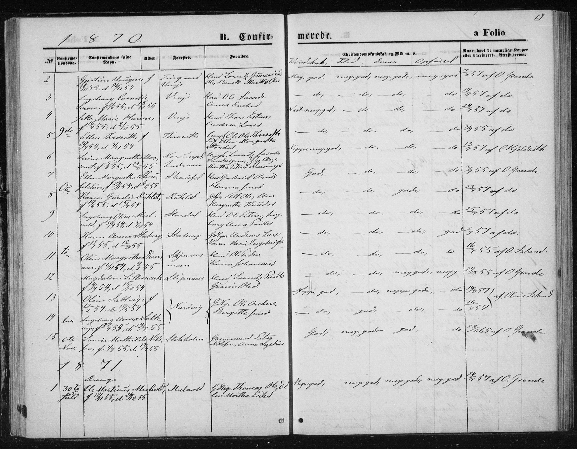 Ministerialprotokoller, klokkerbøker og fødselsregistre - Nord-Trøndelag, SAT/A-1458/733/L0324: Parish register (official) no. 733A03, 1870-1883, p. 67