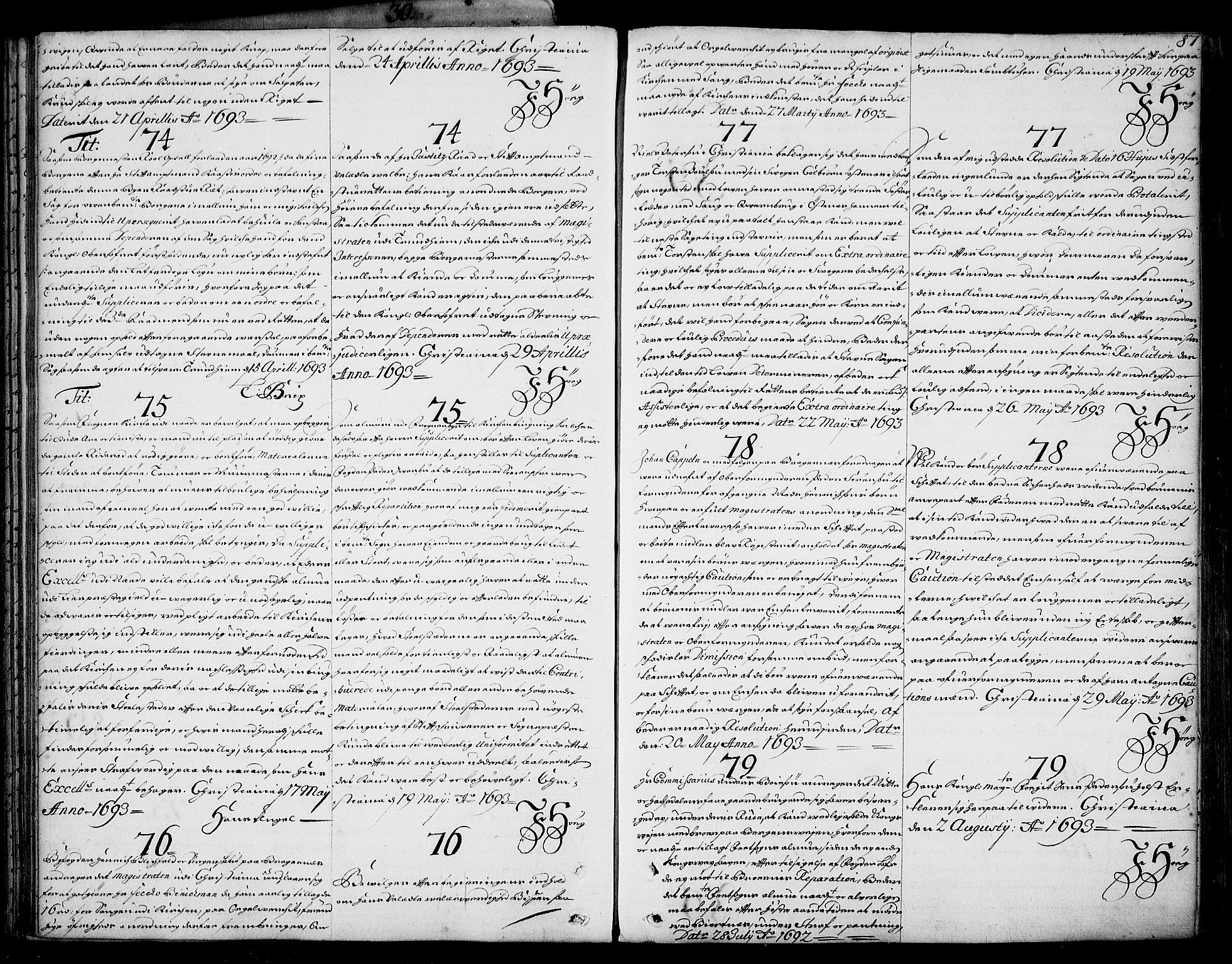 Stattholderembetet 1572-1771, RA/EA-2870/Ad/L0005: Supplikasjons- og resolusjonsprotokoll, 1692-1699, p. 86b-87a