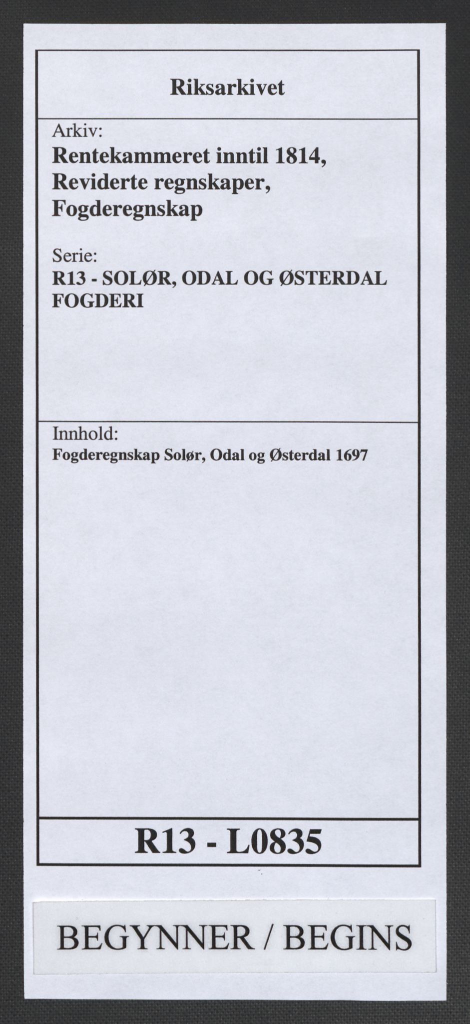 Rentekammeret inntil 1814, Reviderte regnskaper, Fogderegnskap, AV/RA-EA-4092/R13/L0835: Fogderegnskap Solør, Odal og Østerdal, 1697, p. 1