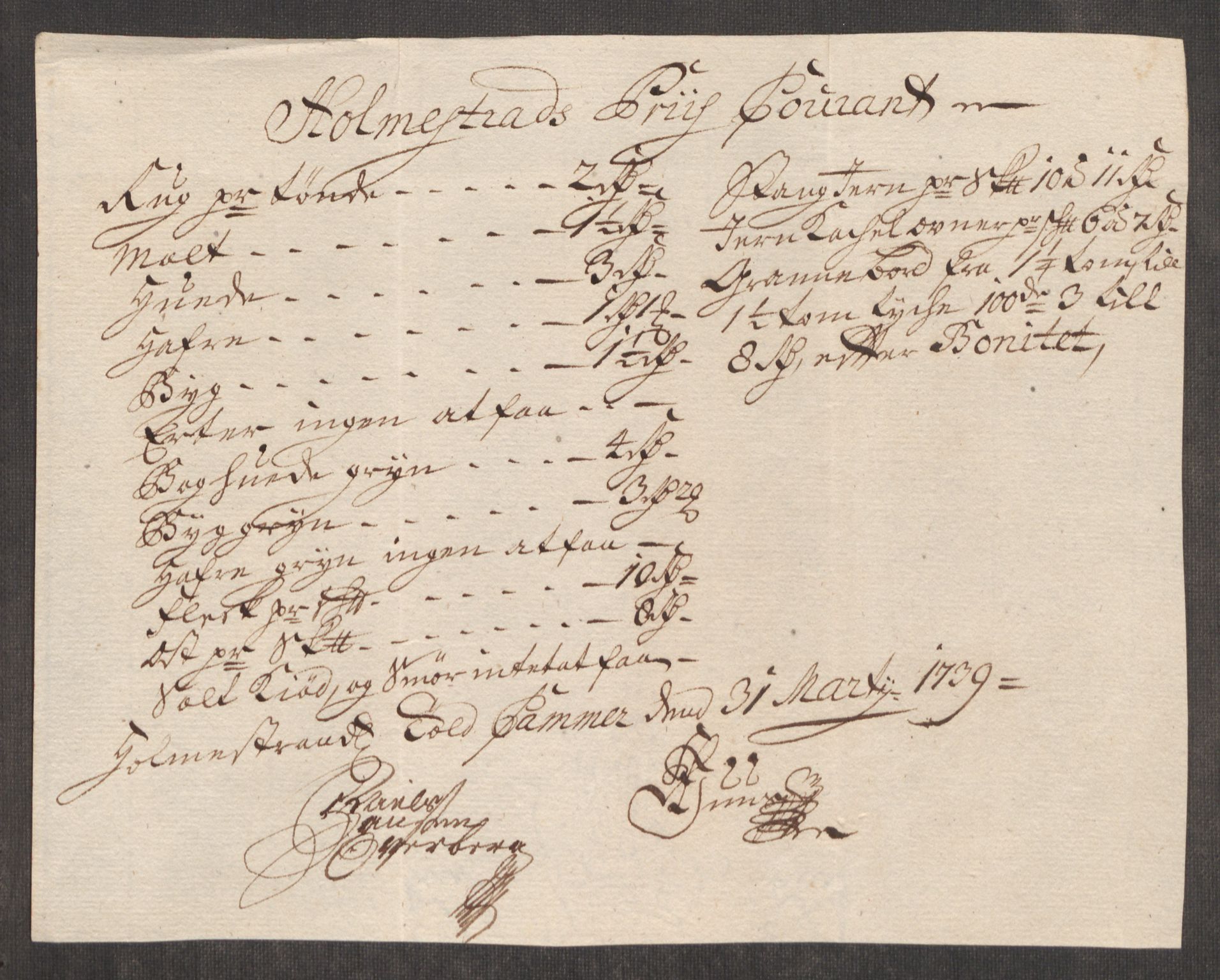 Rentekammeret inntil 1814, Realistisk ordnet avdeling, AV/RA-EA-4070/Oe/L0001: [Ø1]: Priskuranter, 1712-1739, p. 951
