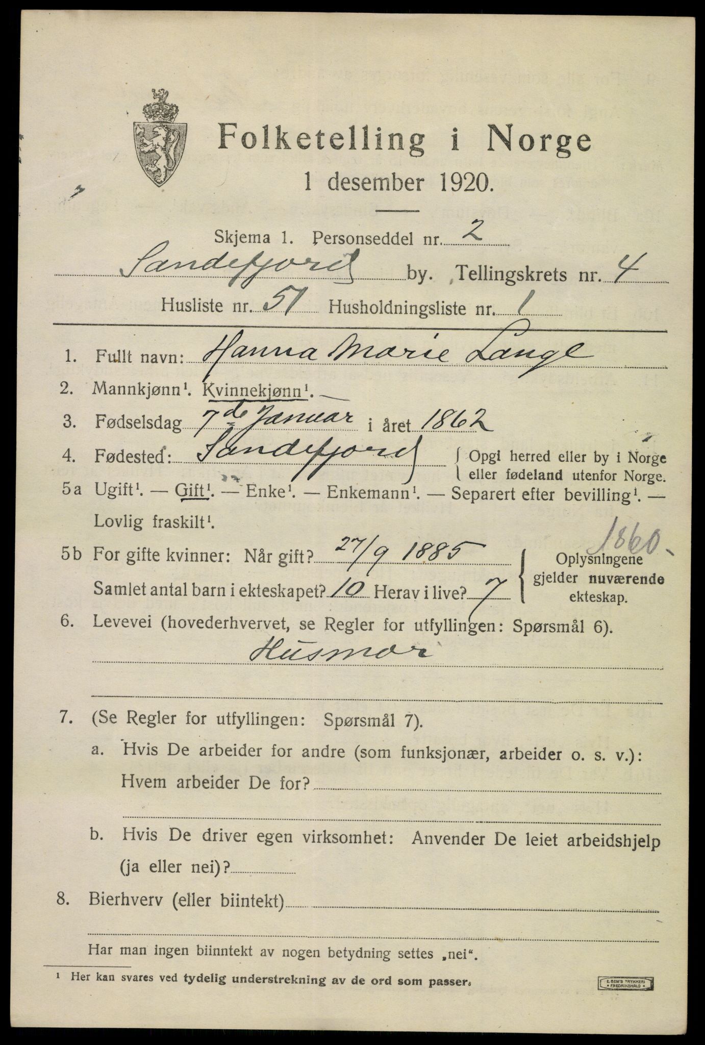 SAKO, 1920 census for Sandefjord, 1920, p. 8406