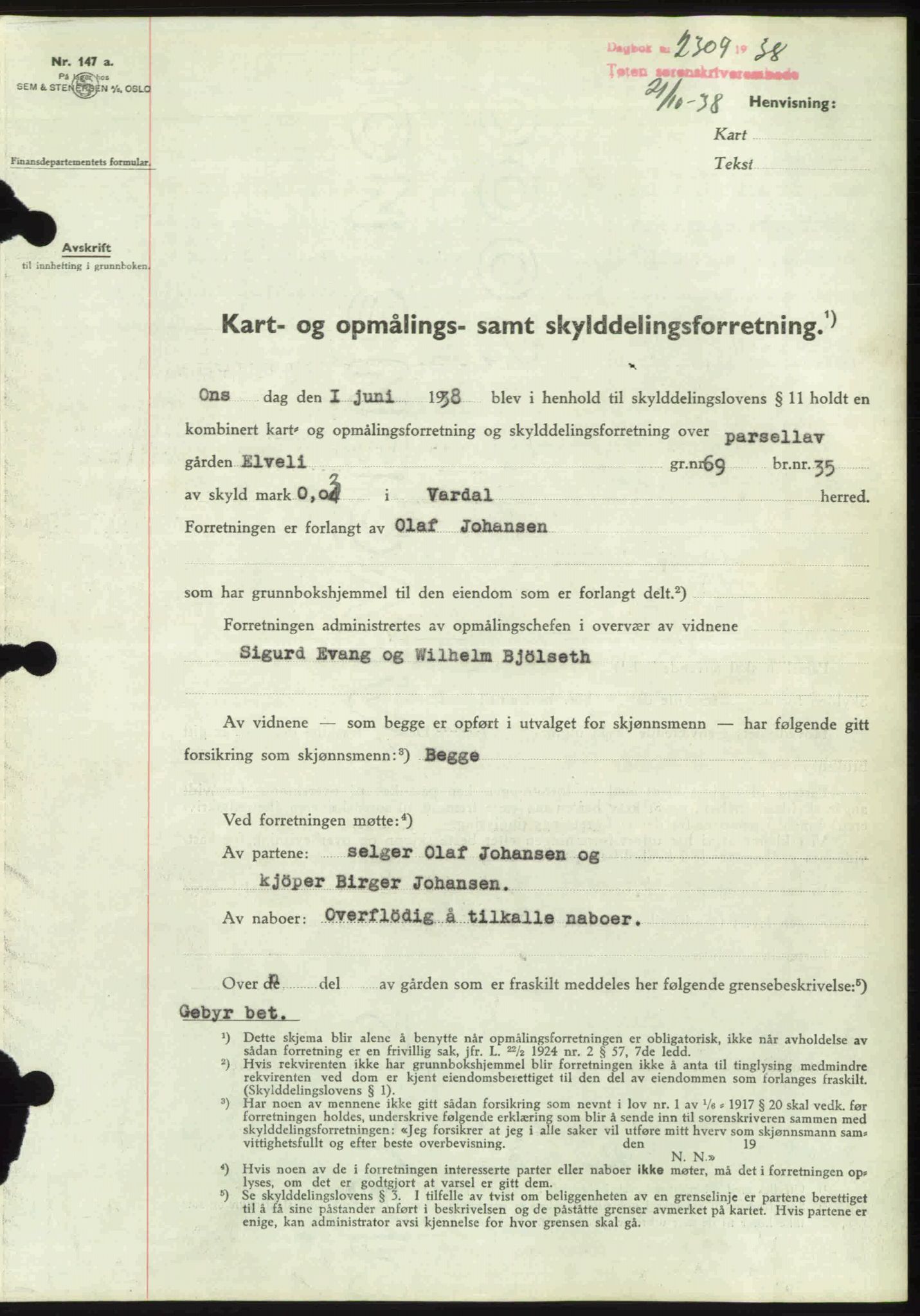 Toten tingrett, SAH/TING-006/H/Hb/Hbc/L0004: Mortgage book no. Hbc-04, 1938-1938, Diary no: : 2309/1938