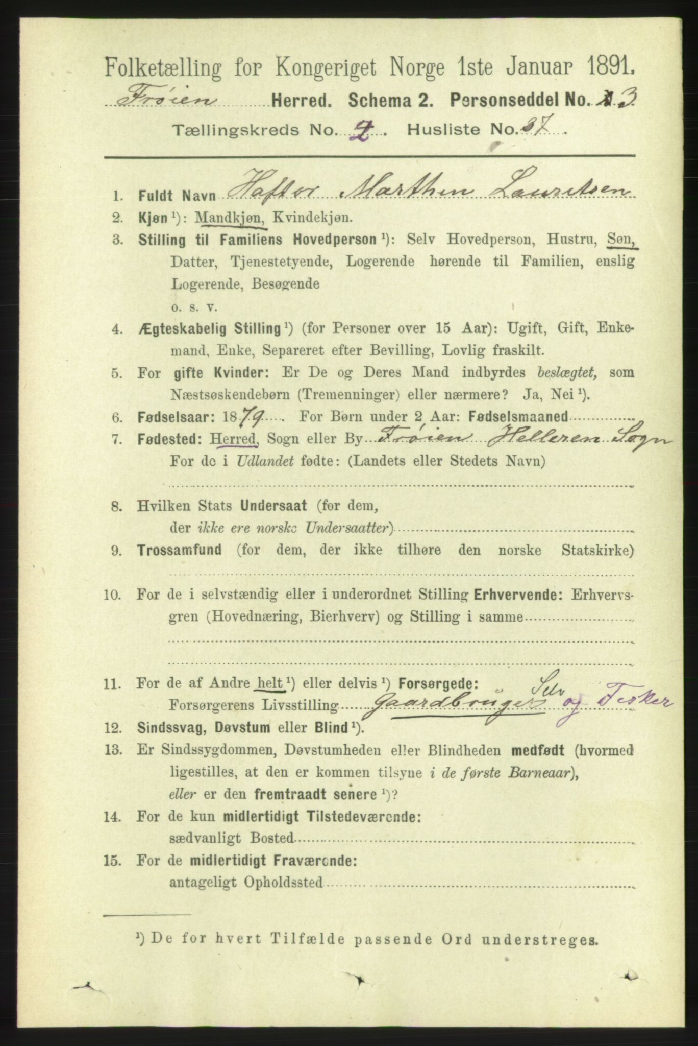 RA, 1891 census for 1619 Frøya, 1891, p. 1205