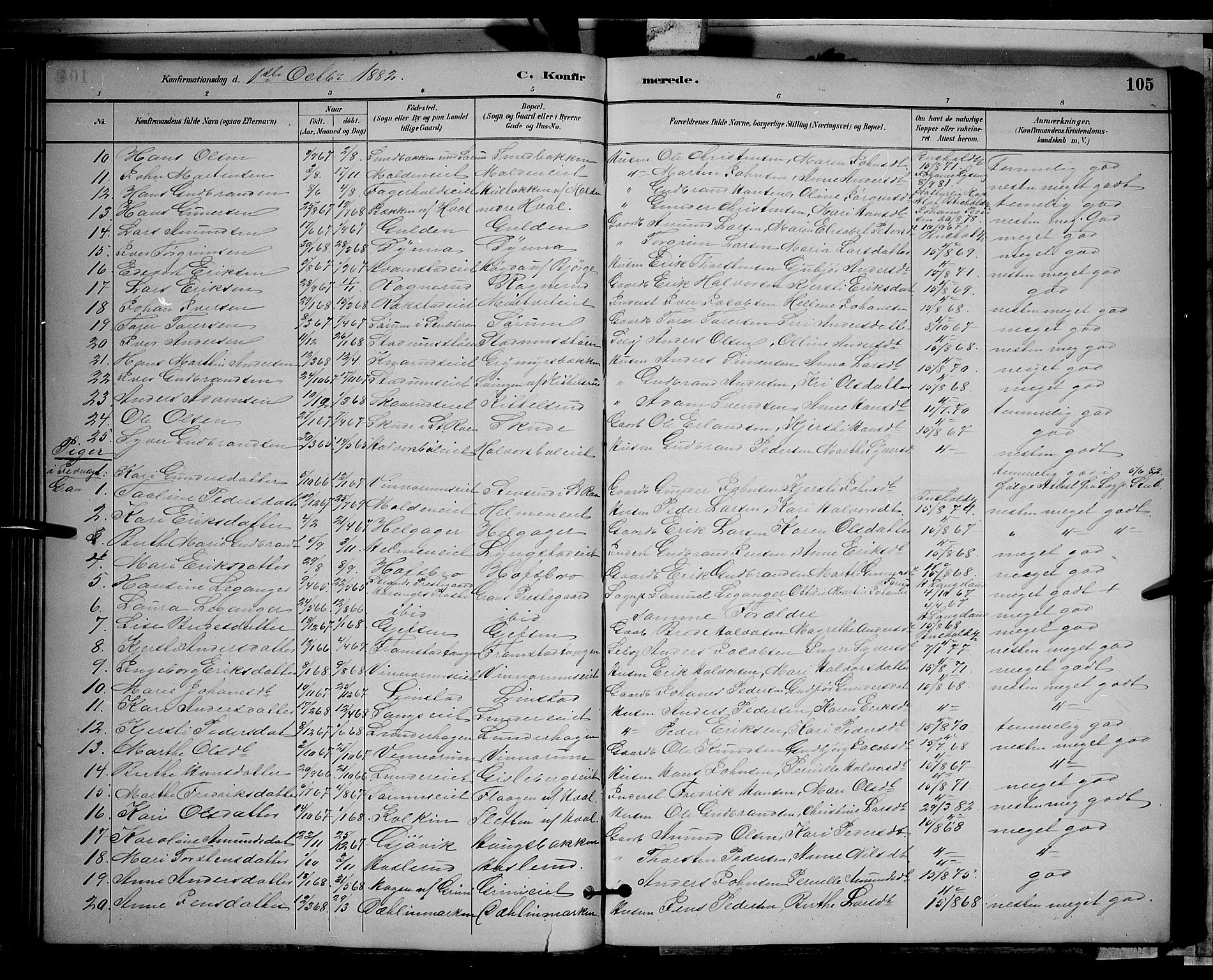 Gran prestekontor, AV/SAH-PREST-112/H/Ha/Hab/L0002: Parish register (copy) no. 2, 1879-1892, p. 105