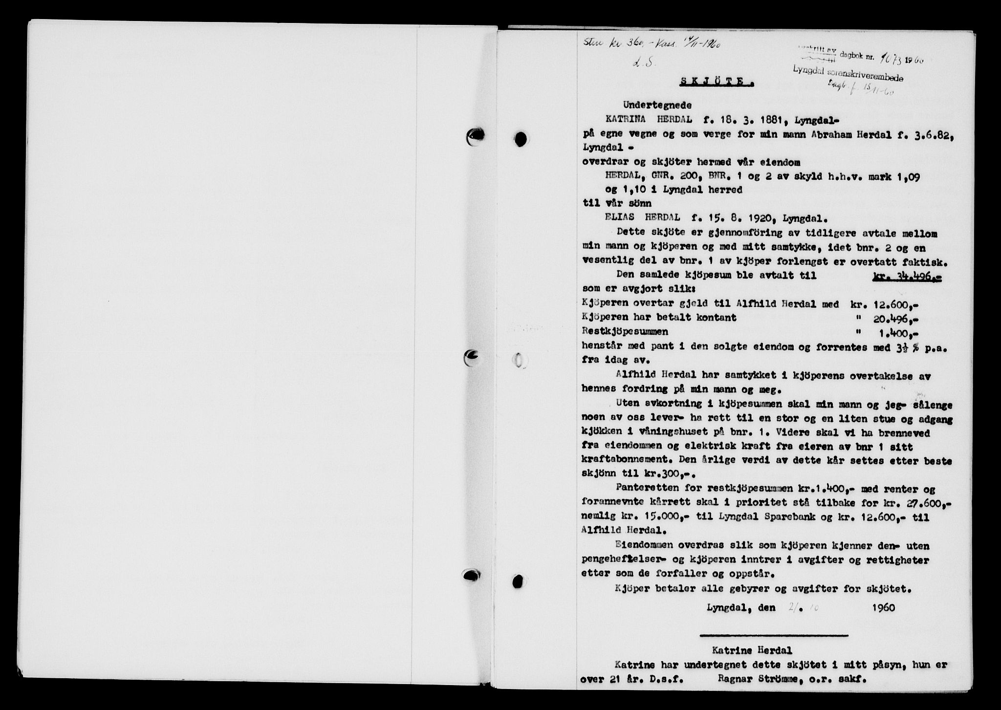 Lyngdal sorenskriveri, AV/SAK-1221-0004/G/Gb/L0680: Mortgage book no. A XXVI, 1960-1960, Diary no: : 1073/1960