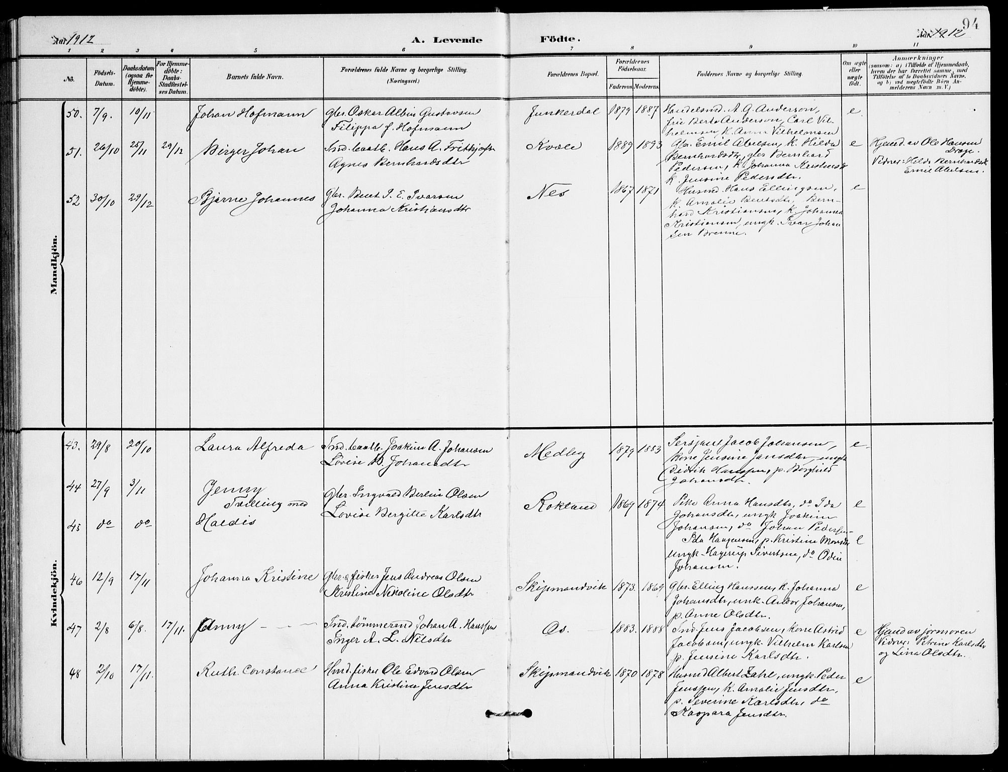 Ministerialprotokoller, klokkerbøker og fødselsregistre - Nordland, SAT/A-1459/847/L0672: Parish register (official) no. 847A12, 1902-1919, p. 94