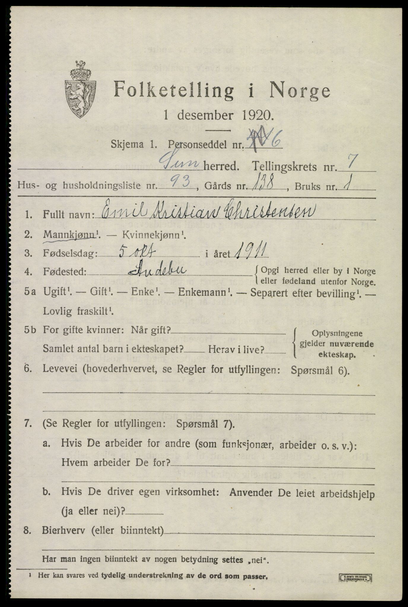 SAKO, 1920 census for Sem, 1920, p. 11175