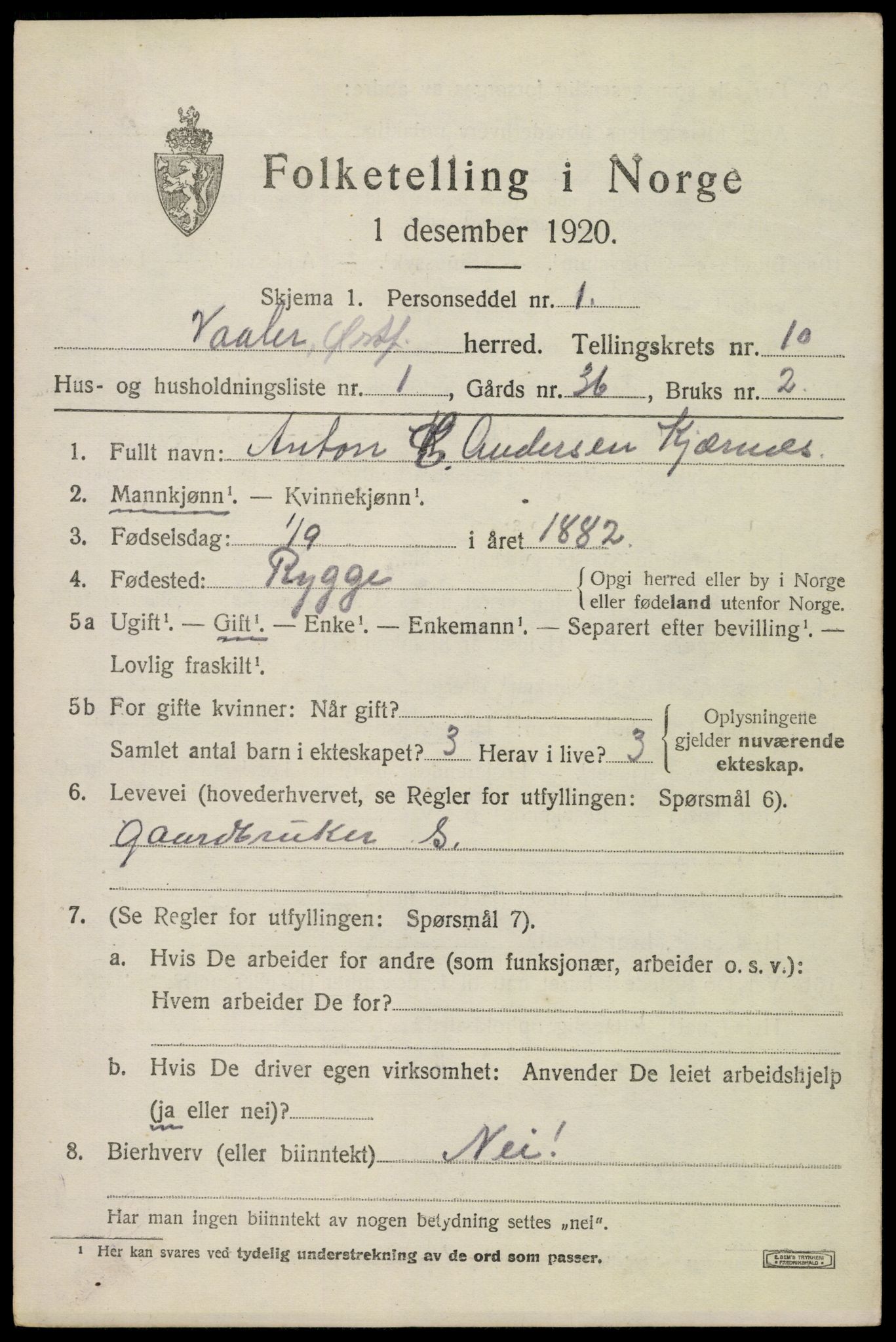 SAO, 1920 census for Våler, 1920, p. 5038