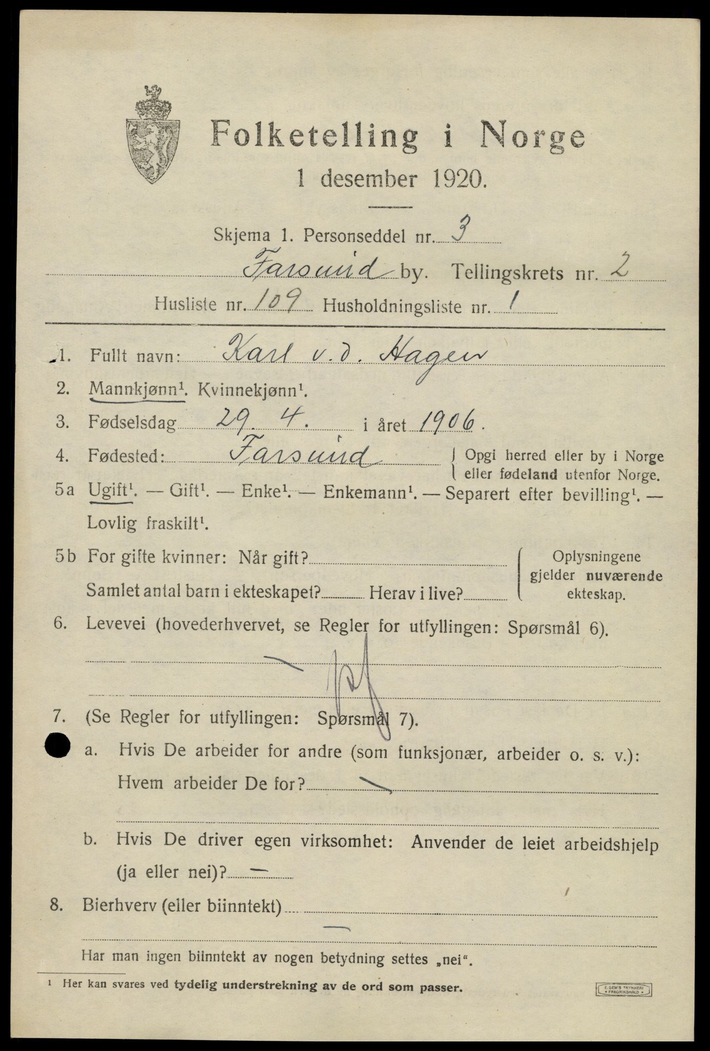 SAK, 1920 census for Farsund, 1920, p. 3993