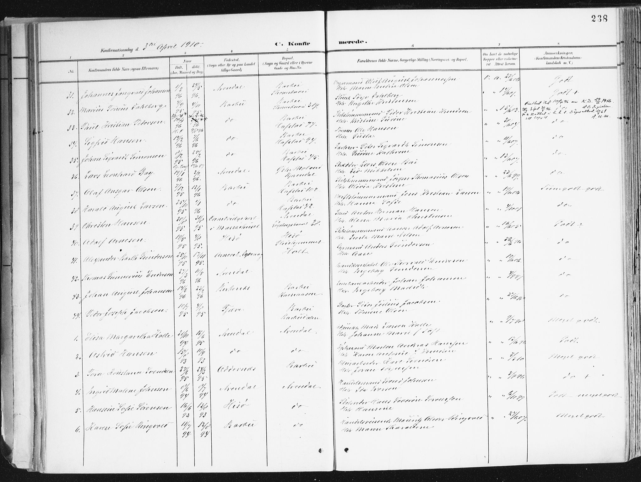 Arendal sokneprestkontor, Trefoldighet, AV/SAK-1111-0040/F/Fa/L0010: Parish register (official) no. A 10, 1900-1919, p. 238