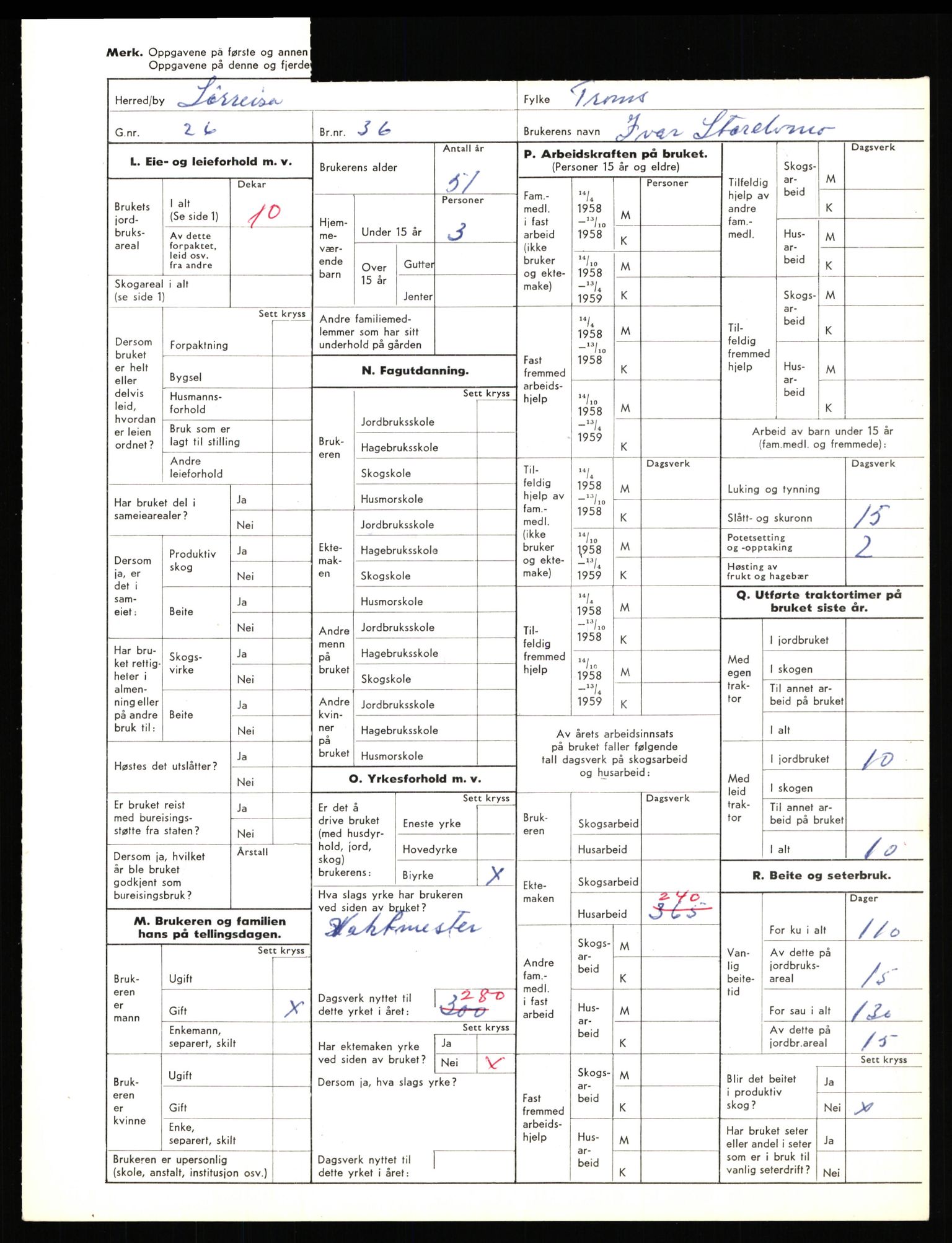 Statistisk sentralbyrå, Næringsøkonomiske emner, Jordbruk, skogbruk, jakt, fiske og fangst, AV/RA-S-2234/G/Gd/L0656: Troms: 1924 Målselv (kl. 0-3) og 1925 Sørreisa, 1959, p. 1373