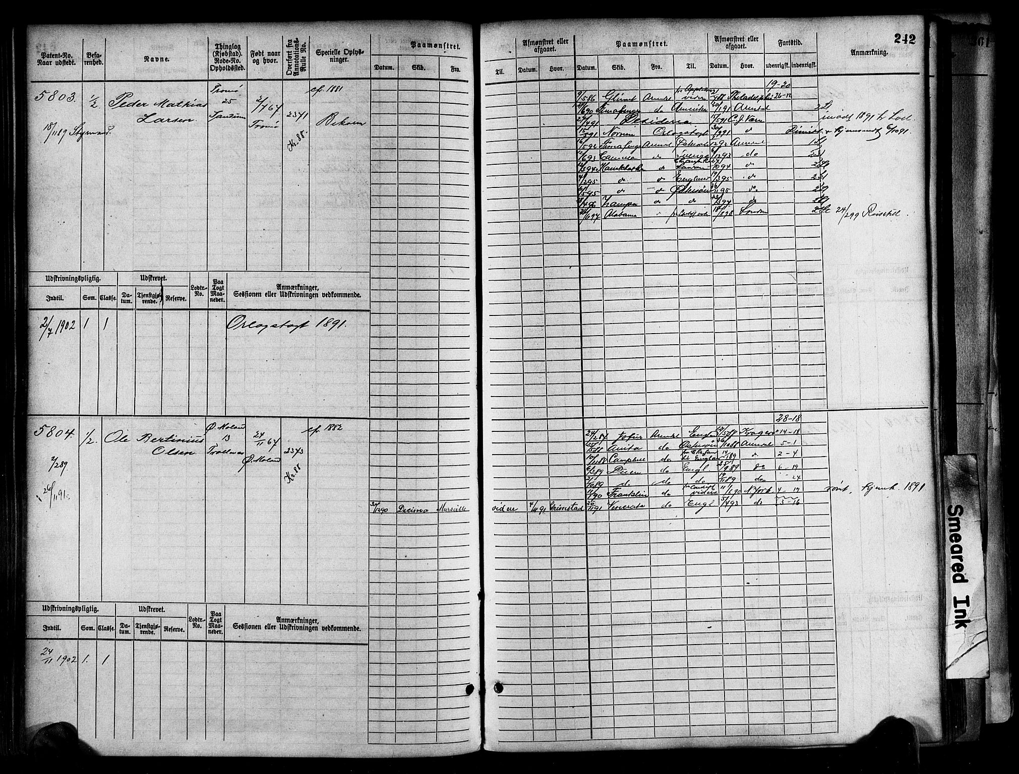 Arendal mønstringskrets, SAK/2031-0012/F/Fb/L0017: Hovedrulle A nr 5323-6076, S-15, 1884-1892, p. 241