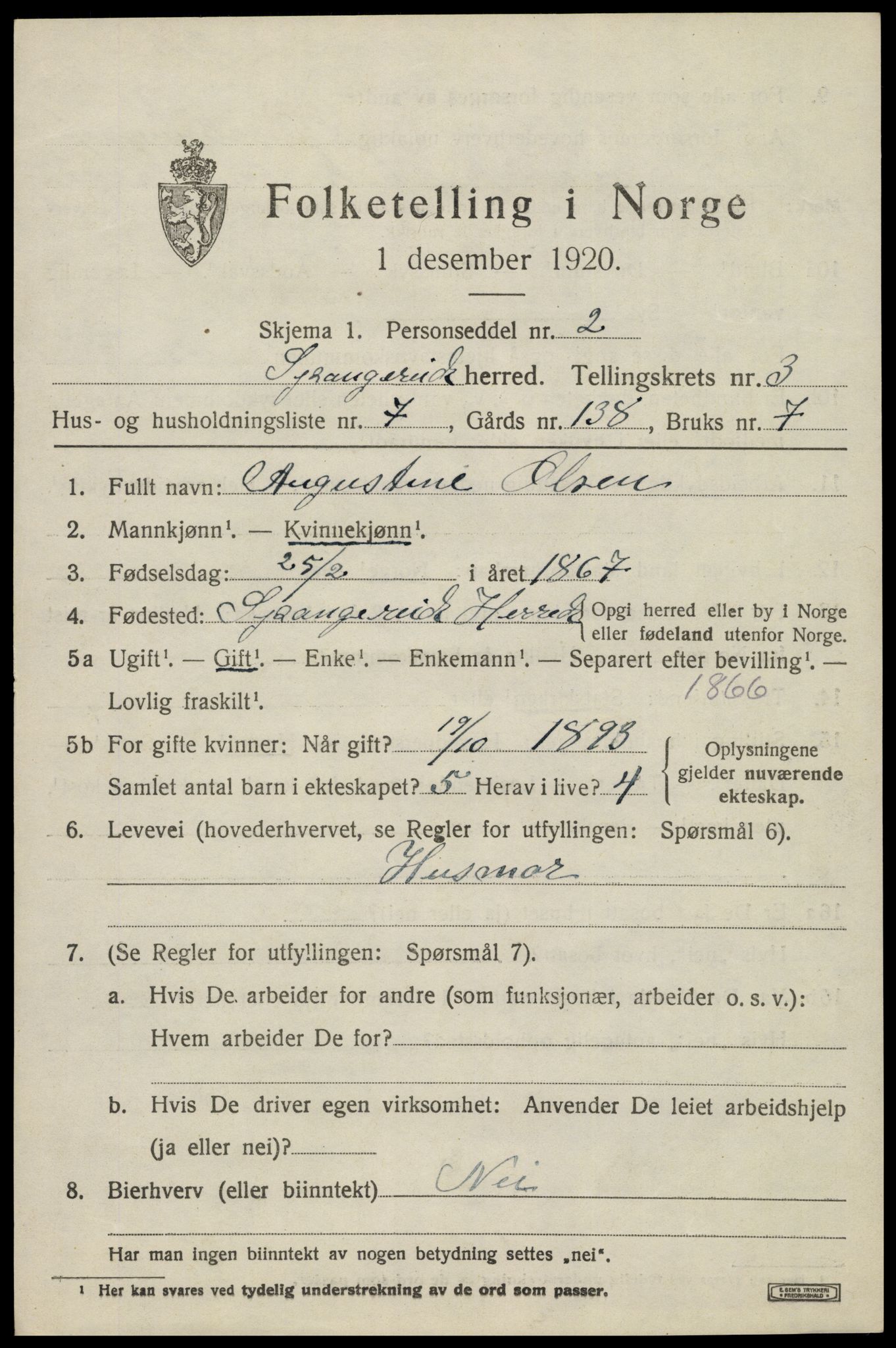 SAK, 1920 census for Spangereid, 1920, p. 1507