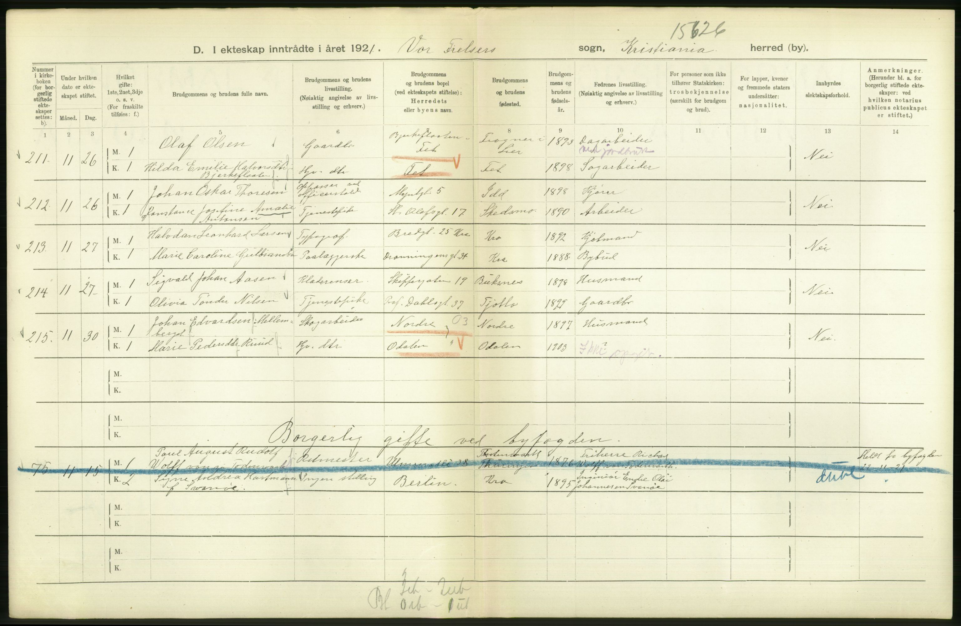 Statistisk sentralbyrå, Sosiodemografiske emner, Befolkning, AV/RA-S-2228/D/Df/Dfc/Dfca/L0011: Kristiania: Gifte, 1921, p. 144