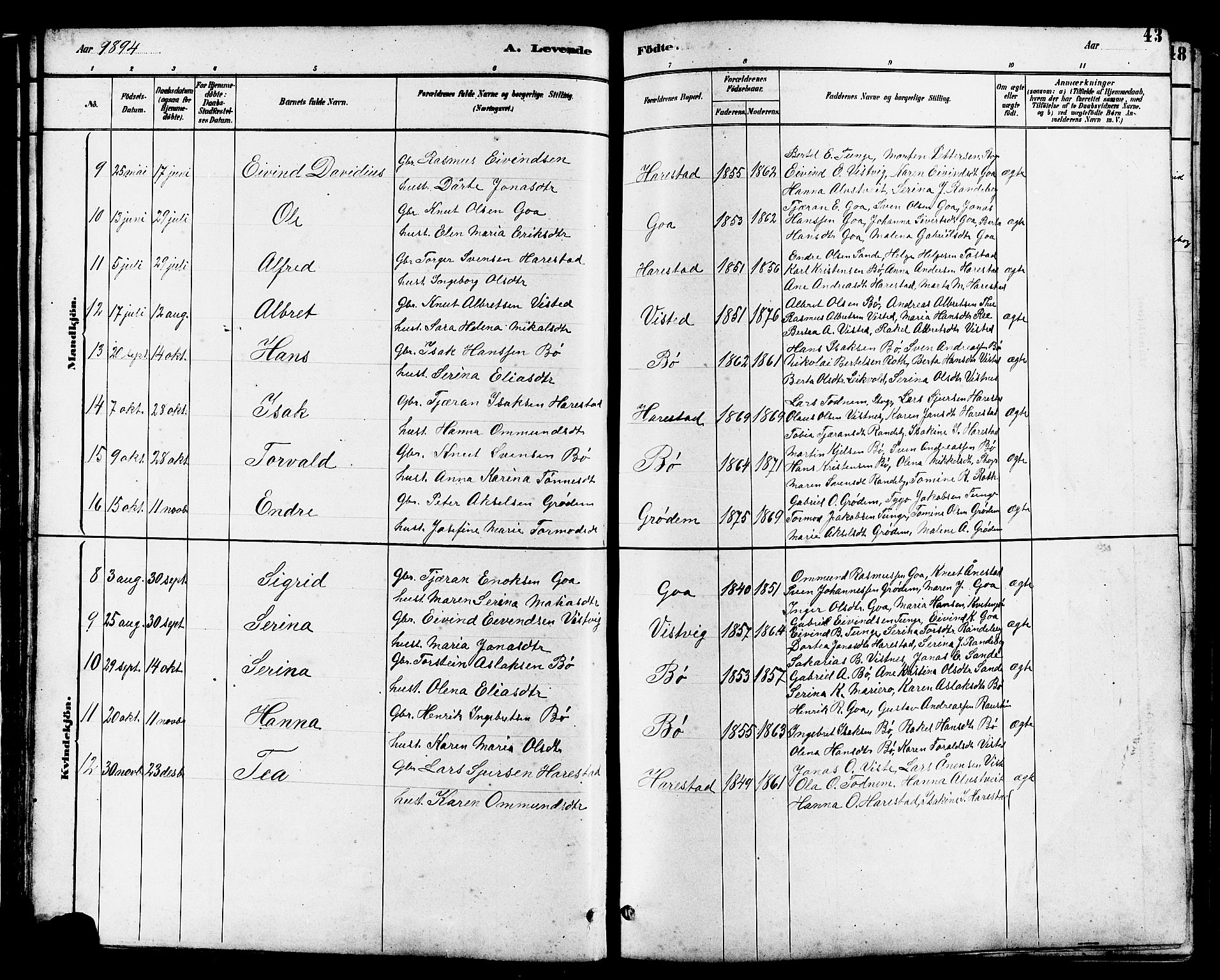 Hetland sokneprestkontor, AV/SAST-A-101826/30/30BB/L0006: Parish register (copy) no. B 6, 1878-1921, p. 43