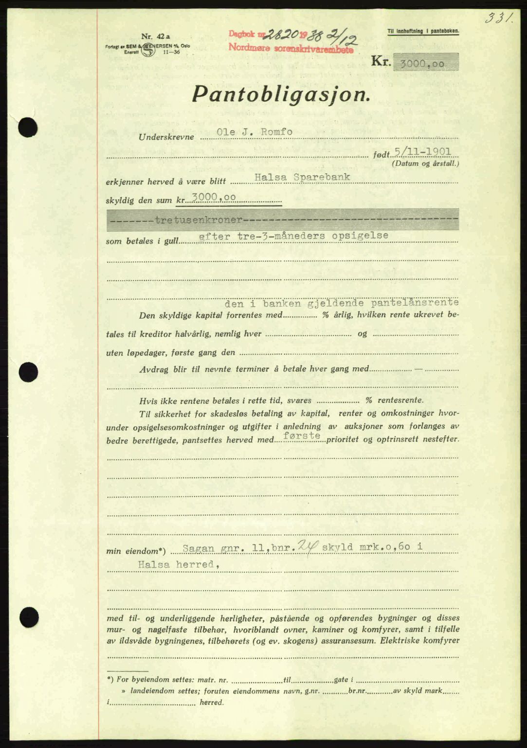 Nordmøre sorenskriveri, SAT/A-4132/1/2/2Ca: Mortgage book no. B84, 1938-1939, Diary no: : 2820/1938