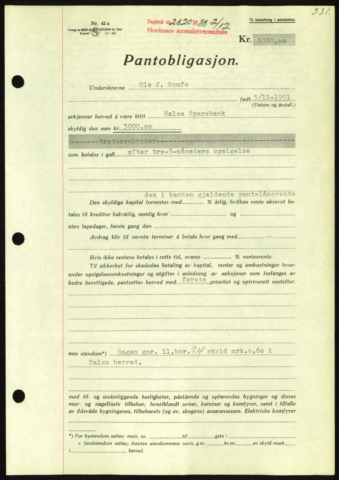 Nordmøre sorenskriveri, AV/SAT-A-4132/1/2/2Ca: Mortgage book no. B84, 1938-1939, Diary no: : 2820/1938