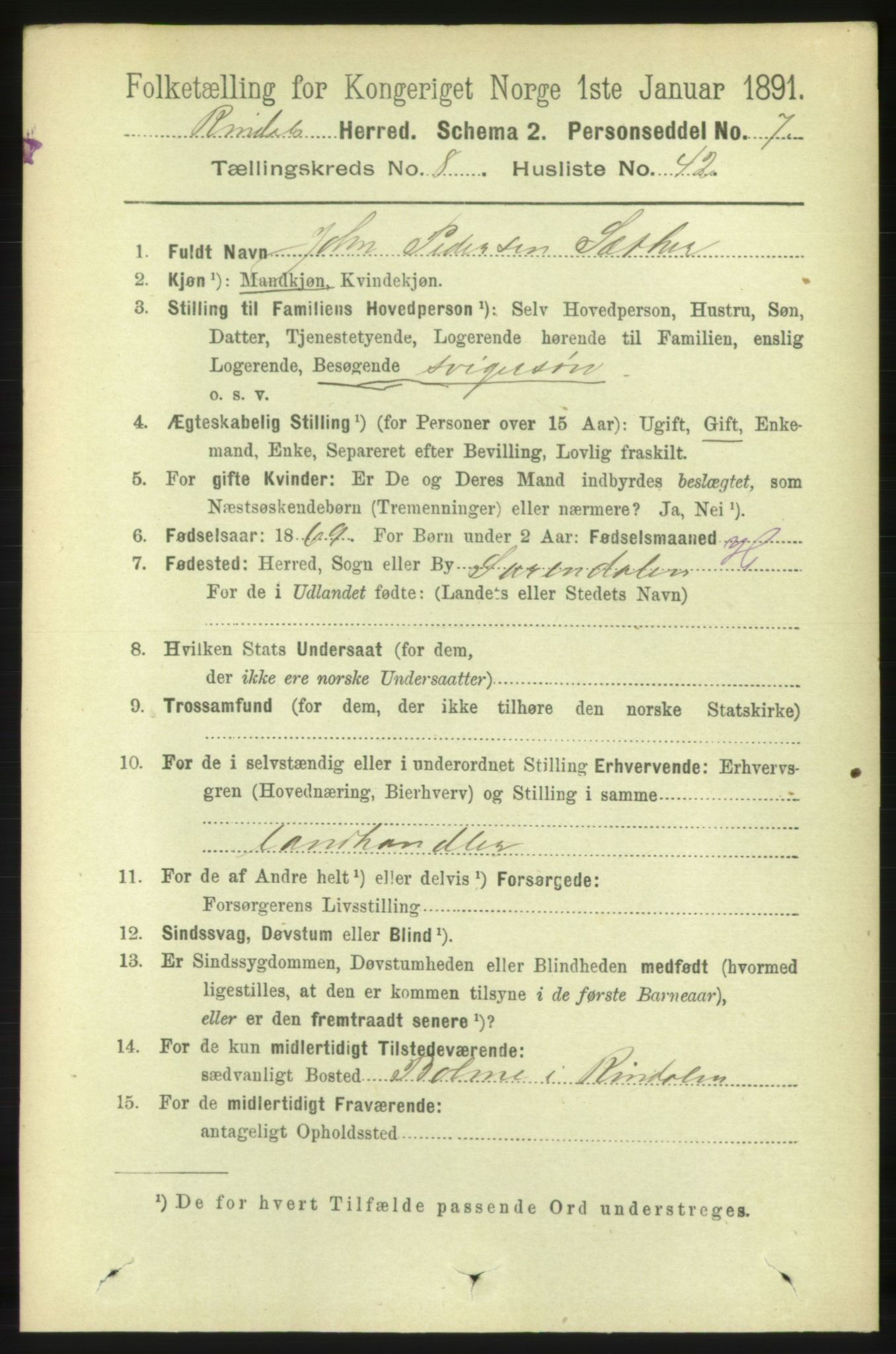 RA, 1891 census for 1567 Rindal, 1891, p. 2751