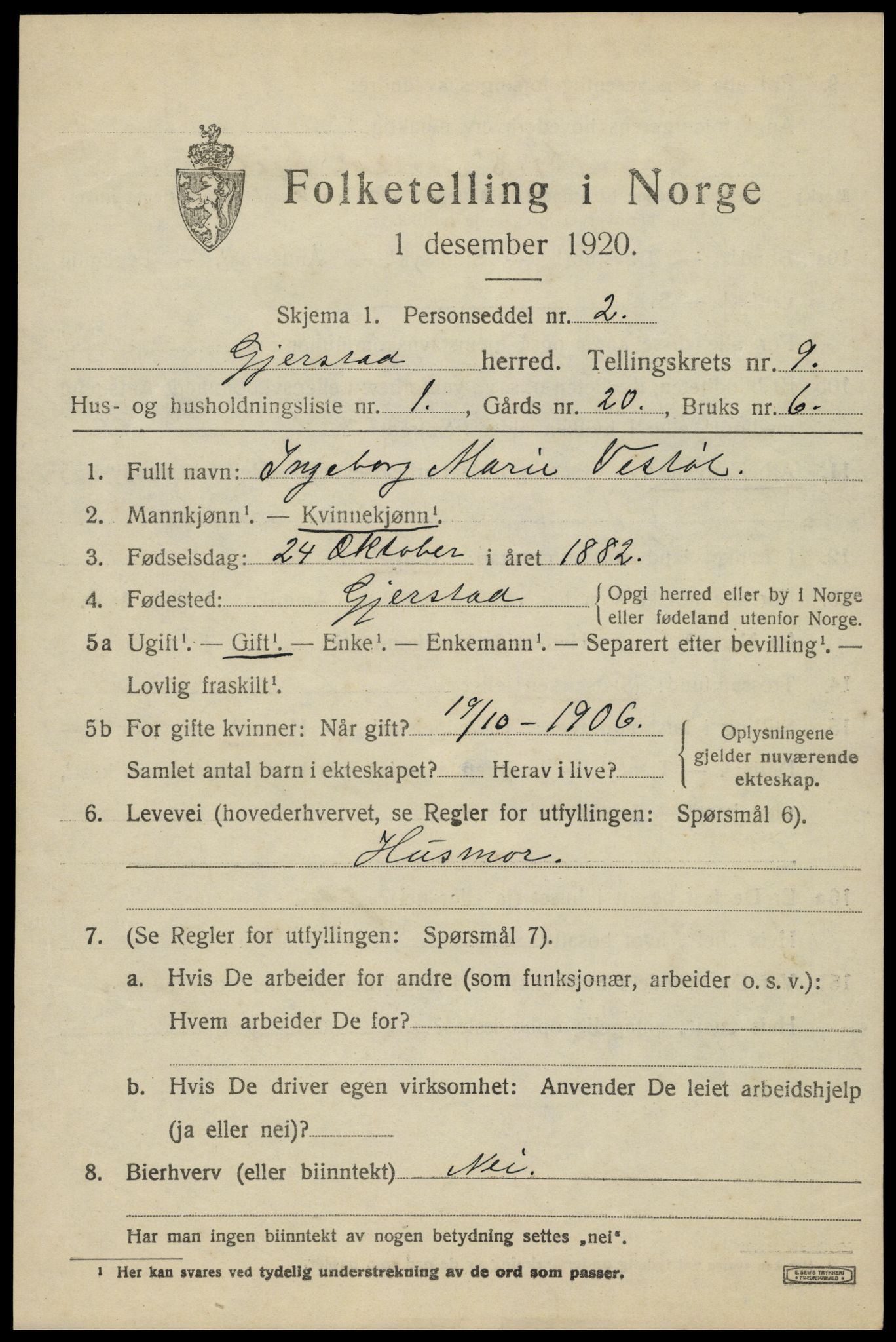 SAK, 1920 census for Gjerstad, 1920, p. 5741