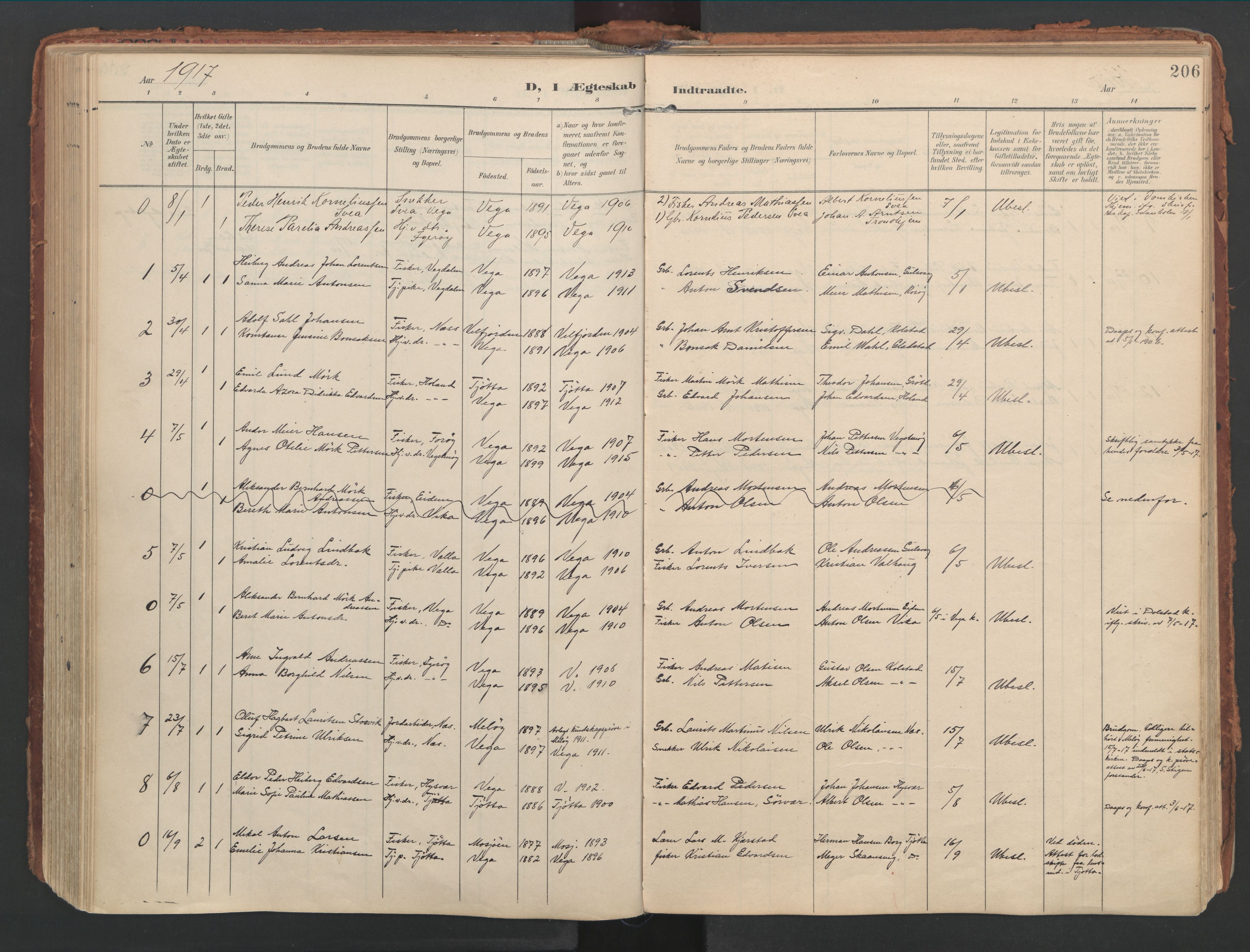 Ministerialprotokoller, klokkerbøker og fødselsregistre - Nordland, AV/SAT-A-1459/816/L0250: Parish register (official) no. 816A16, 1903-1923, p. 206