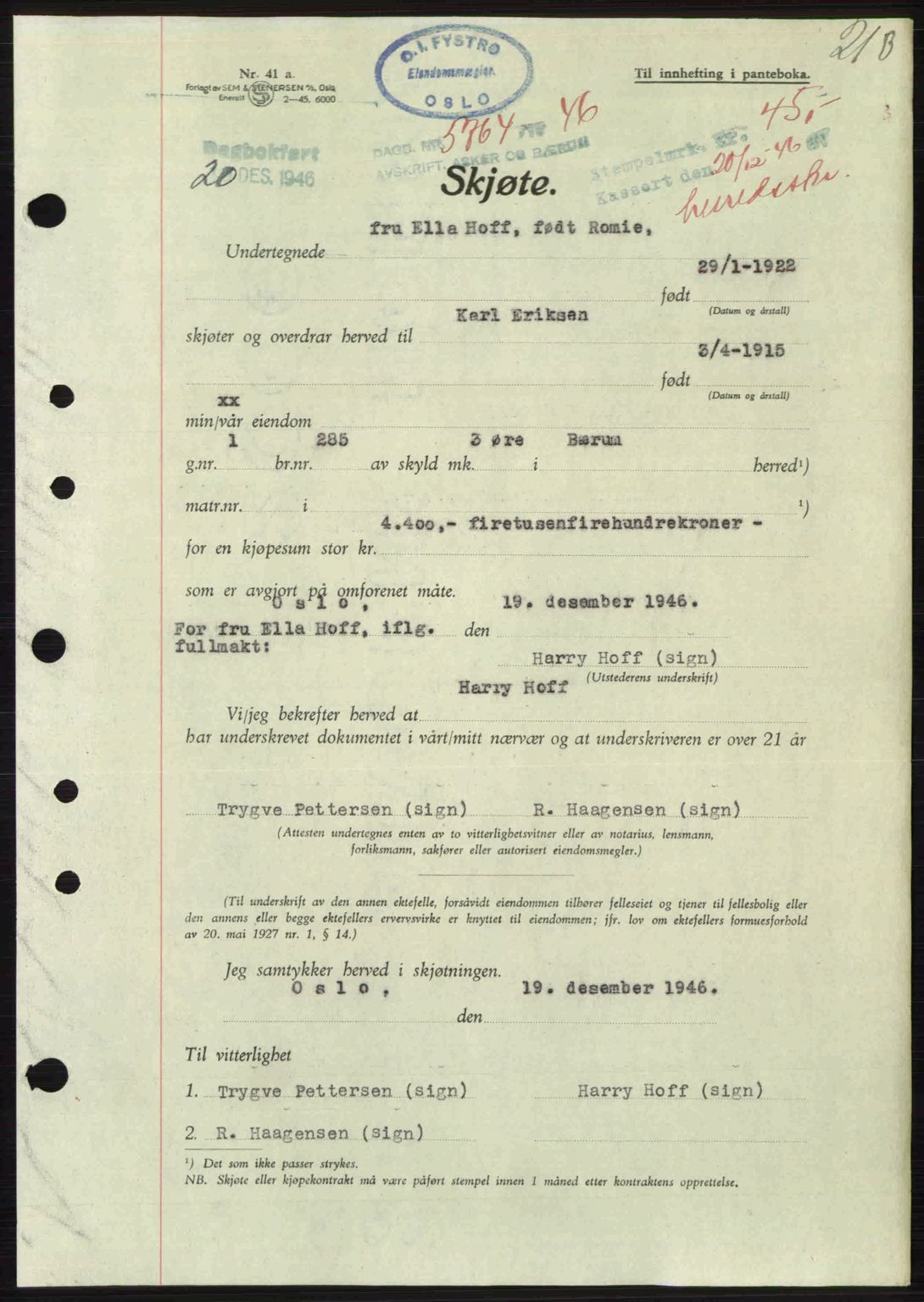 Aker herredsskriveri, AV/SAO-A-10896/G/Gb/Gbb/Gbbb/L0036: Mortgage book no. A82, 1946-1947, Diary no: : 5764/1946