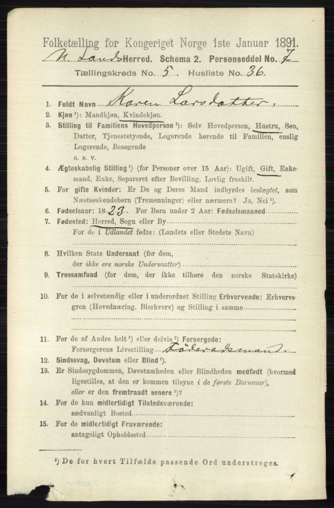 RA, 1891 census for 0538 Nordre Land, 1891, p. 1763