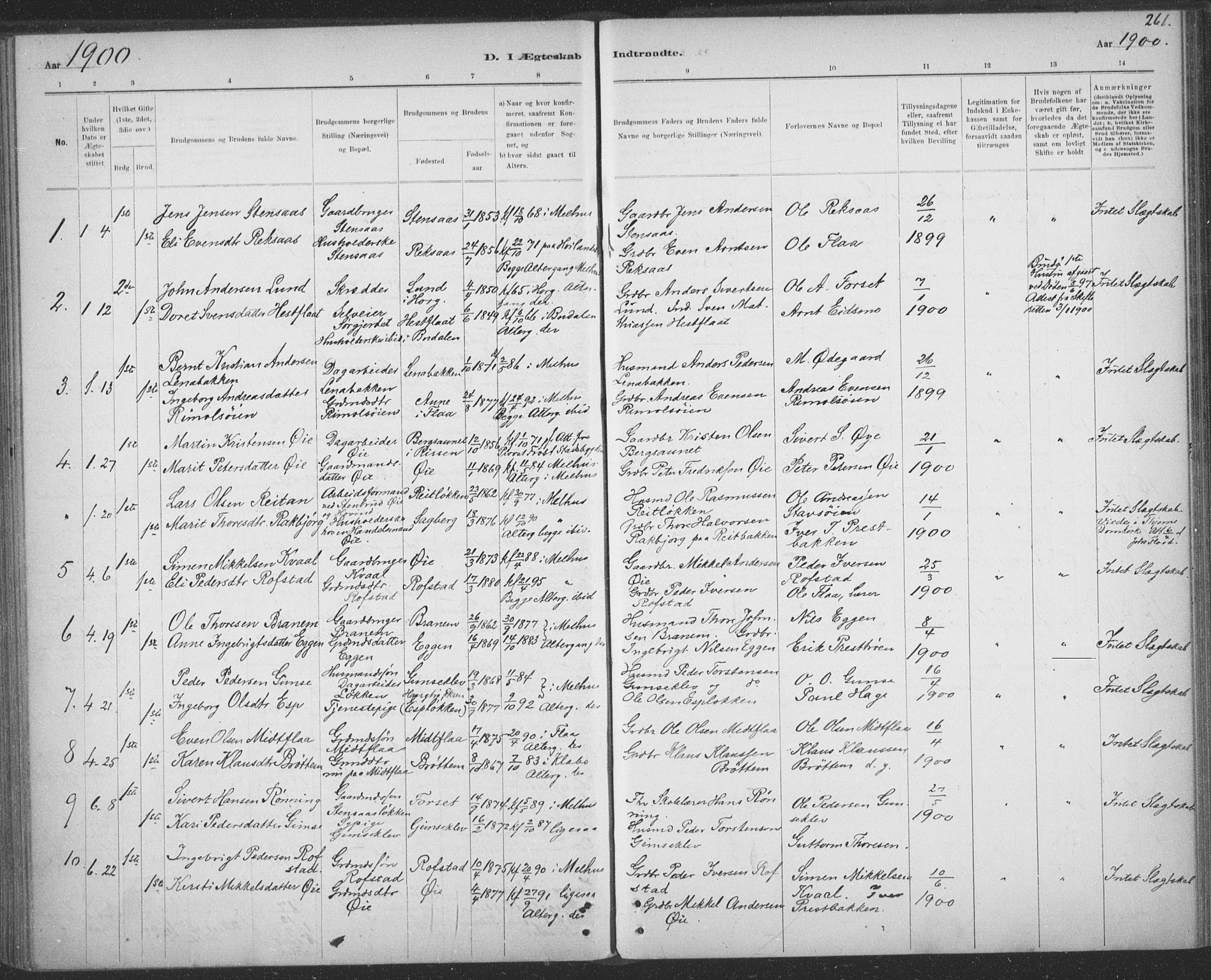 Ministerialprotokoller, klokkerbøker og fødselsregistre - Sør-Trøndelag, AV/SAT-A-1456/691/L1085: Parish register (official) no. 691A17, 1887-1908, p. 261