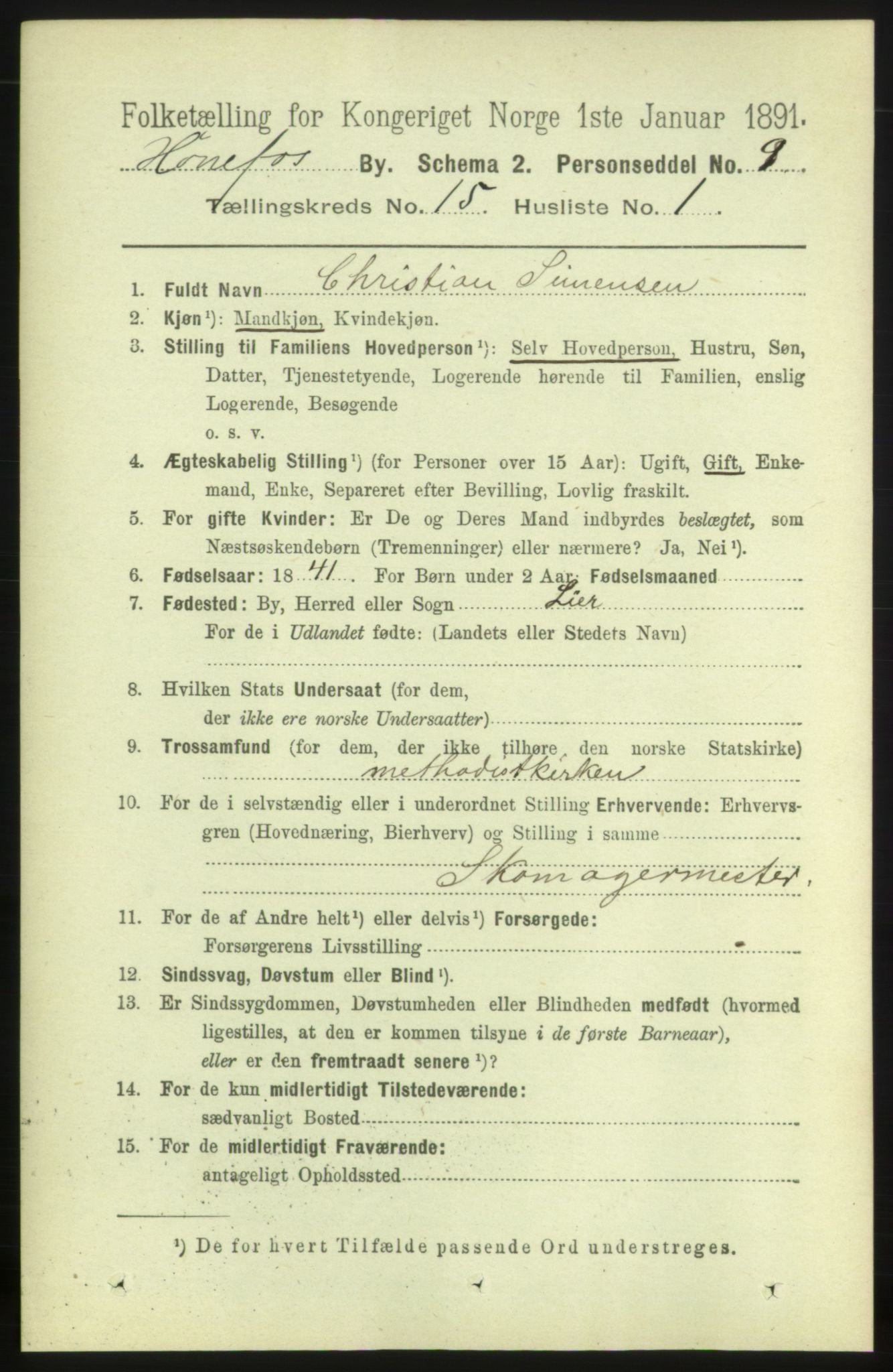 RA, 1891 census for 0601 Hønefoss, 1891, p. 1723