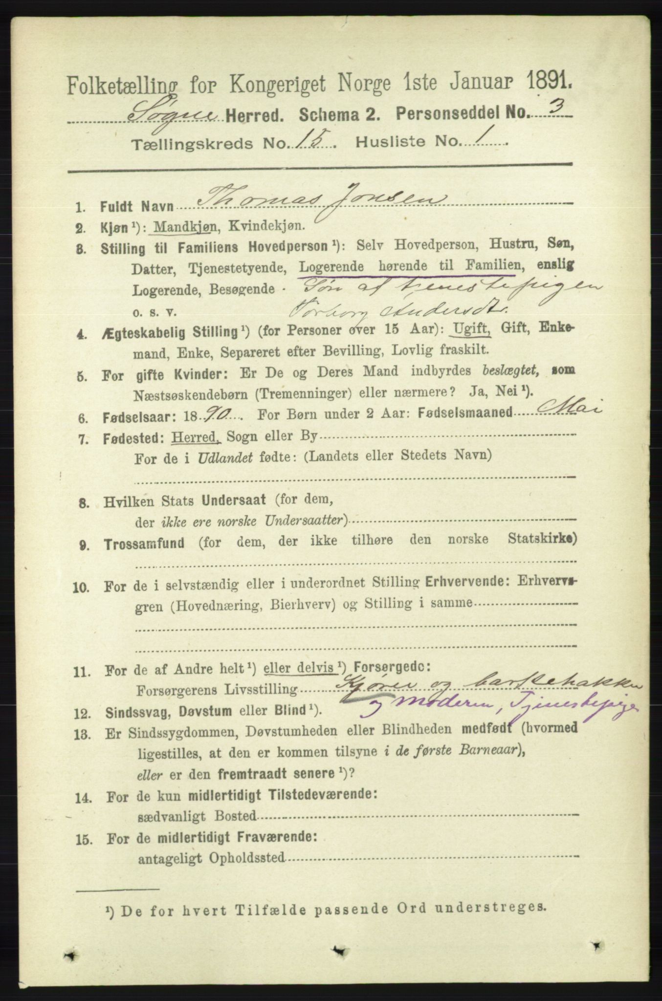 RA, 1891 census for 1018 Søgne, 1891, p. 3902