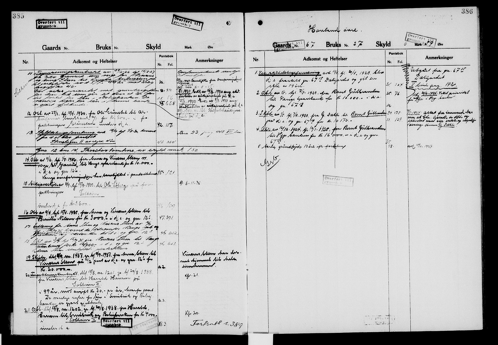 Nord-Hedmark sorenskriveri, SAH/TING-012/H/Ha/Had/Hade/L0006: Mortgage register no. 4.6, 1920-1940, p. 385-386