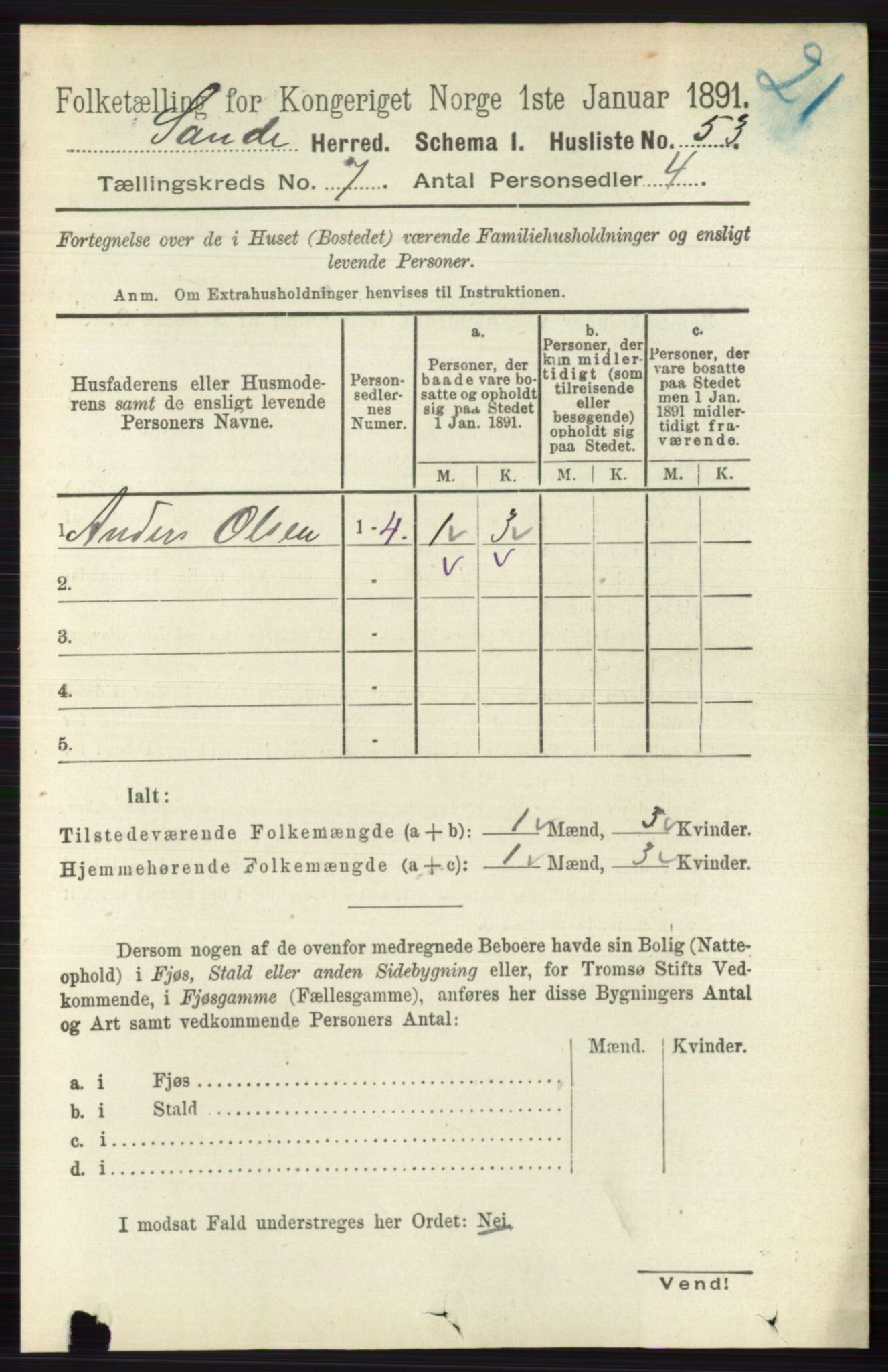 RA, 1891 census for 0713 Sande, 1891, p. 3134