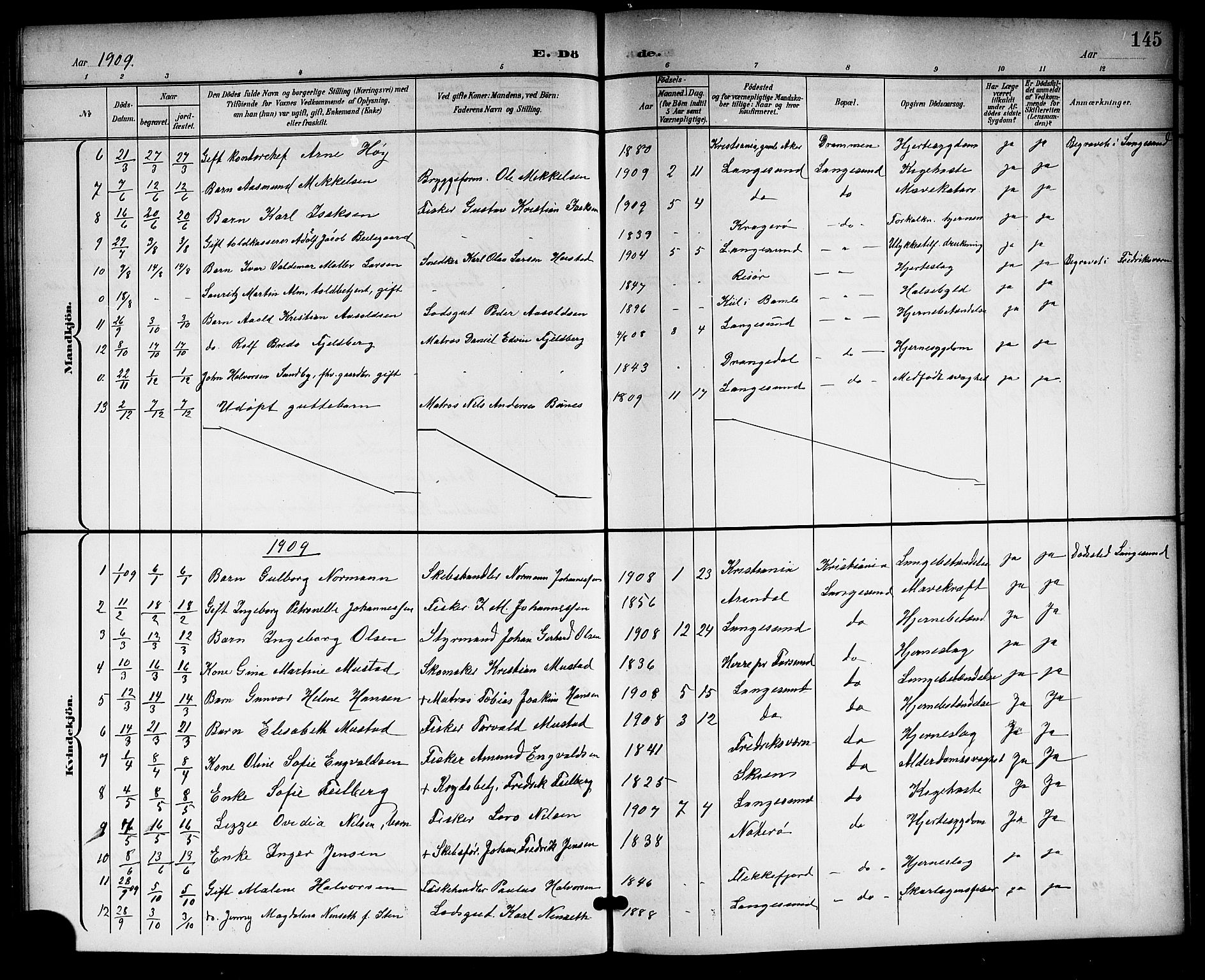 Langesund kirkebøker, SAKO/A-280/G/Ga/L0006: Parish register (copy) no. 6, 1899-1918, p. 145
