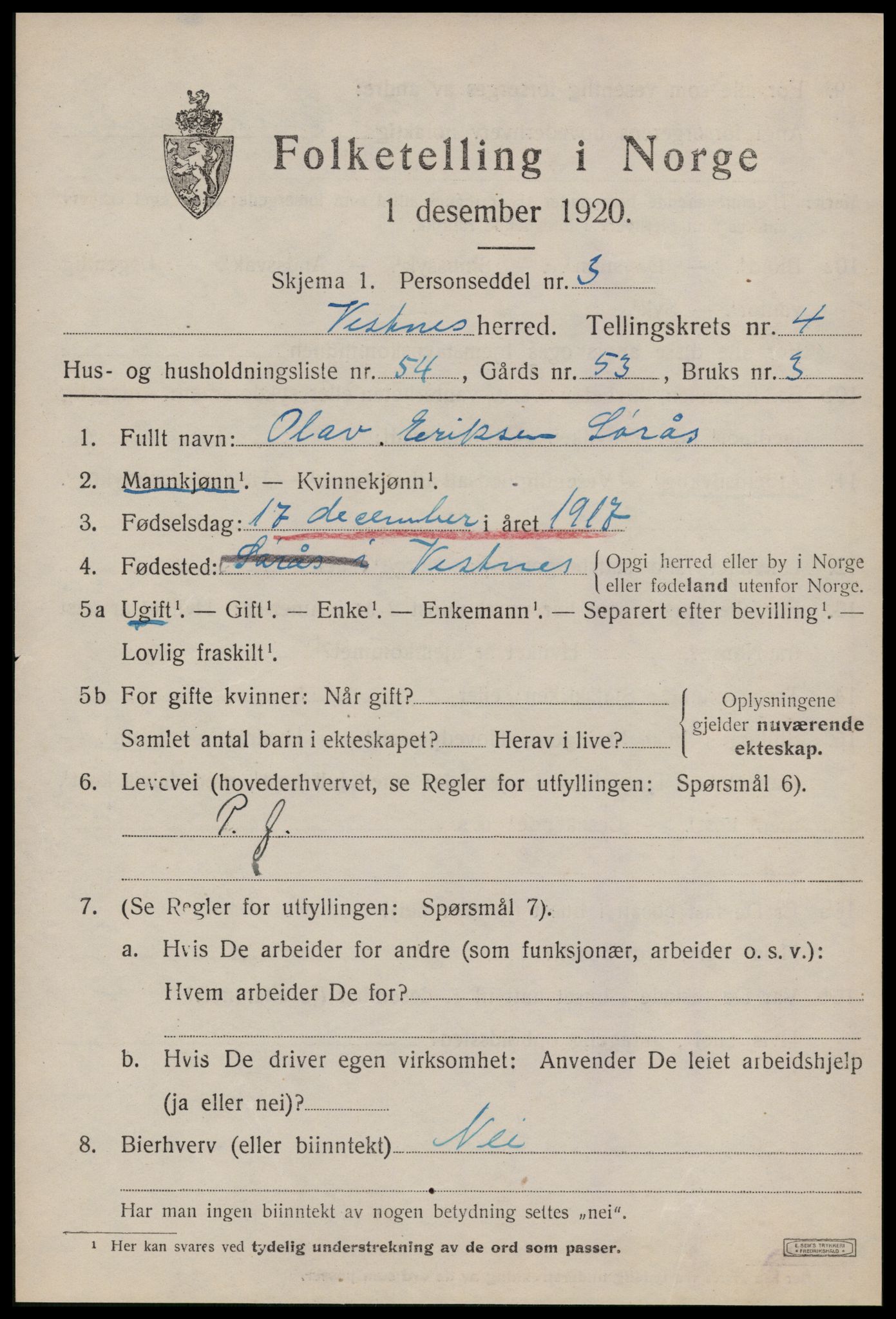 SAT, 1920 census for Vestnes, 1920, p. 3899