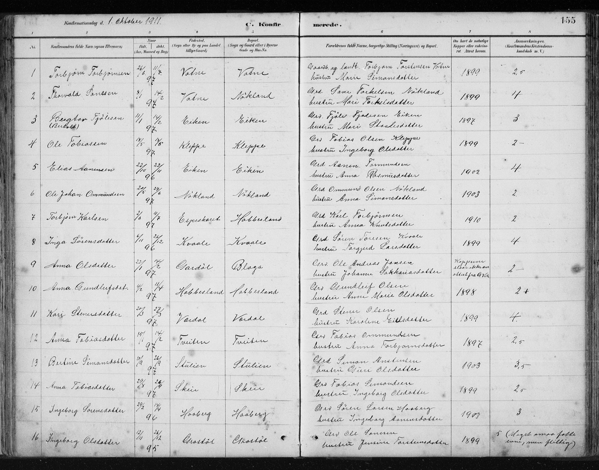 Hægebostad sokneprestkontor, SAK/1111-0024/F/Fb/Fbb/L0003: Parish register (copy) no. B 3, 1887-1937, p. 155