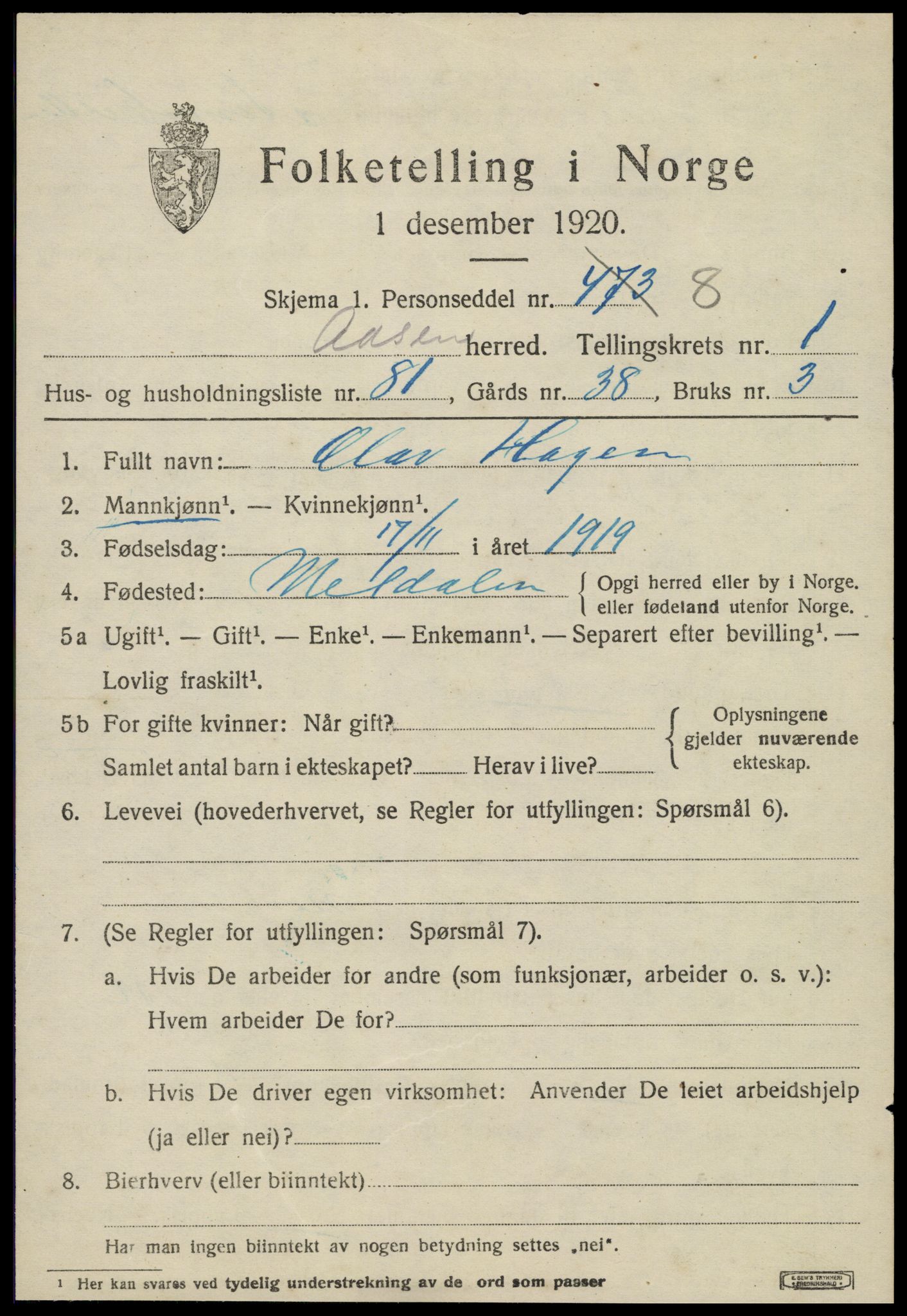 SAT, 1920 census for Åsen, 1920, p. 1706