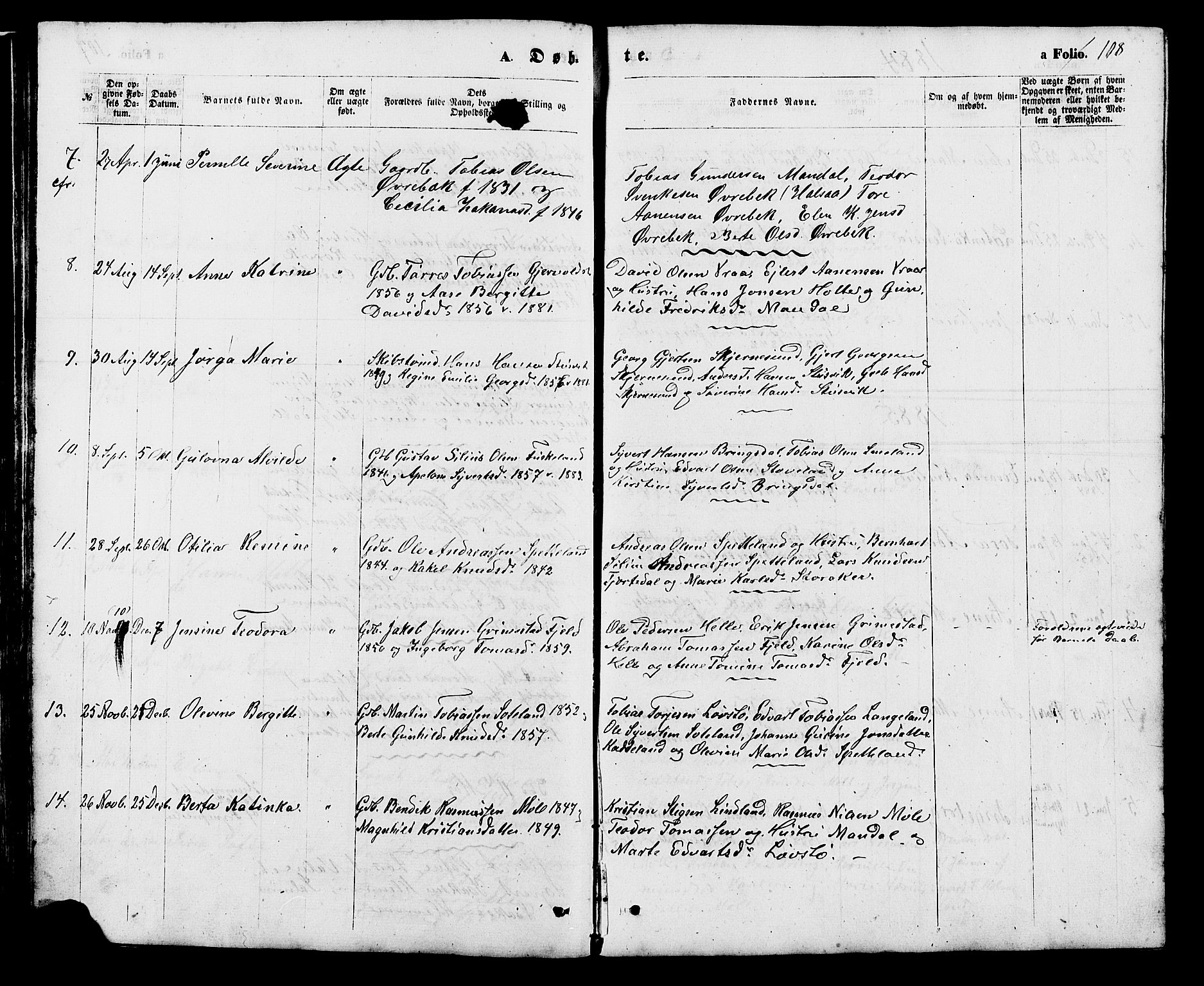 Holum sokneprestkontor, AV/SAK-1111-0022/F/Fb/Fba/L0004: Parish register (copy) no. B 4, 1867-1890, p. 108