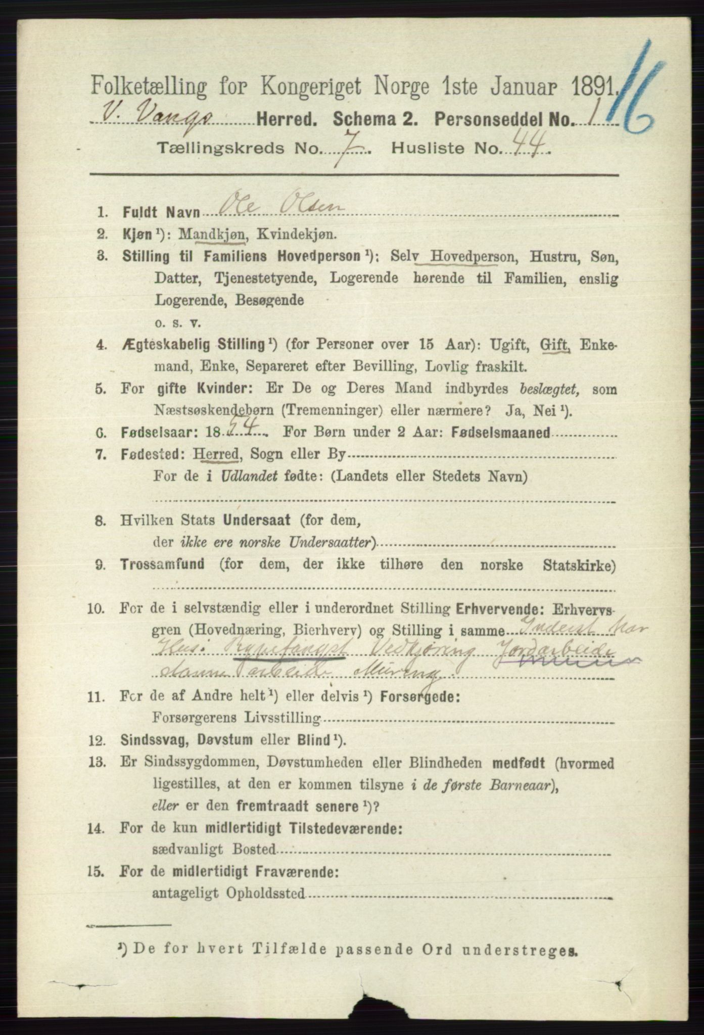 RA, 1891 census for 0545 Vang, 1891, p. 1697