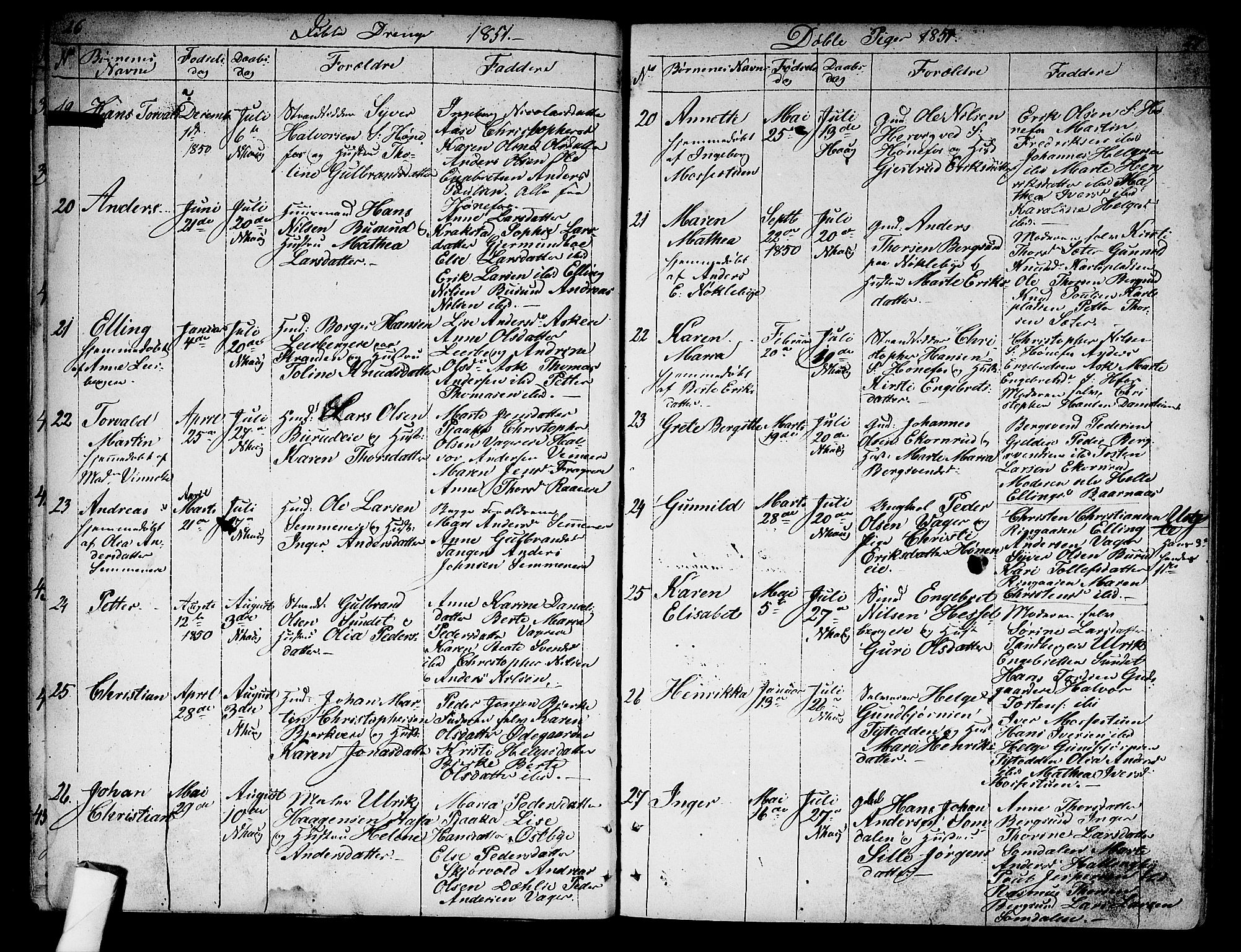Norderhov kirkebøker, AV/SAKO-A-237/G/Ga/L0005: Parish register (copy) no. I 5, 1849-1863, p. 26-27