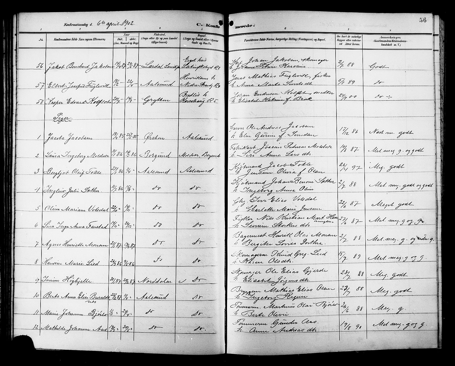 Ministerialprotokoller, klokkerbøker og fødselsregistre - Møre og Romsdal, AV/SAT-A-1454/529/L0469: Parish register (copy) no. 529C06, 1898-1906, p. 56