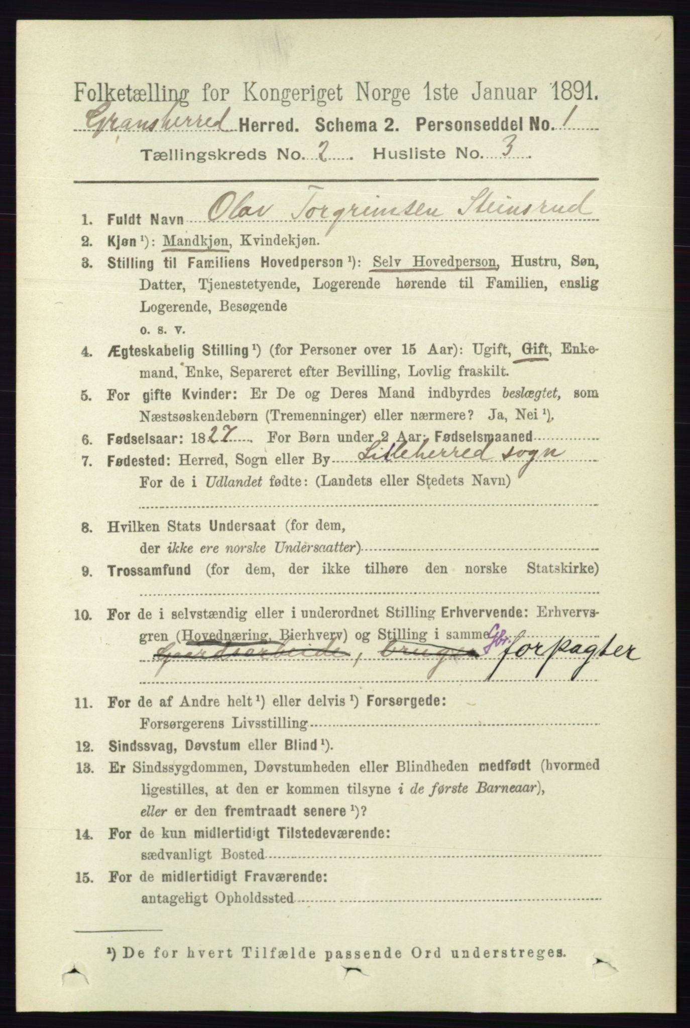 RA, 1891 census for 0824 Gransherad, 1891, p. 302