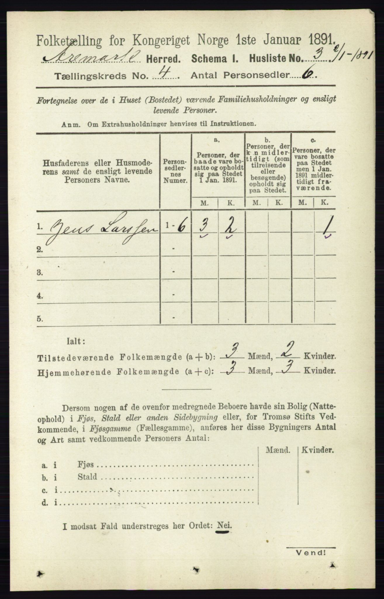 RA, 1891 census for 0118 Aremark, 1891, p. 1832