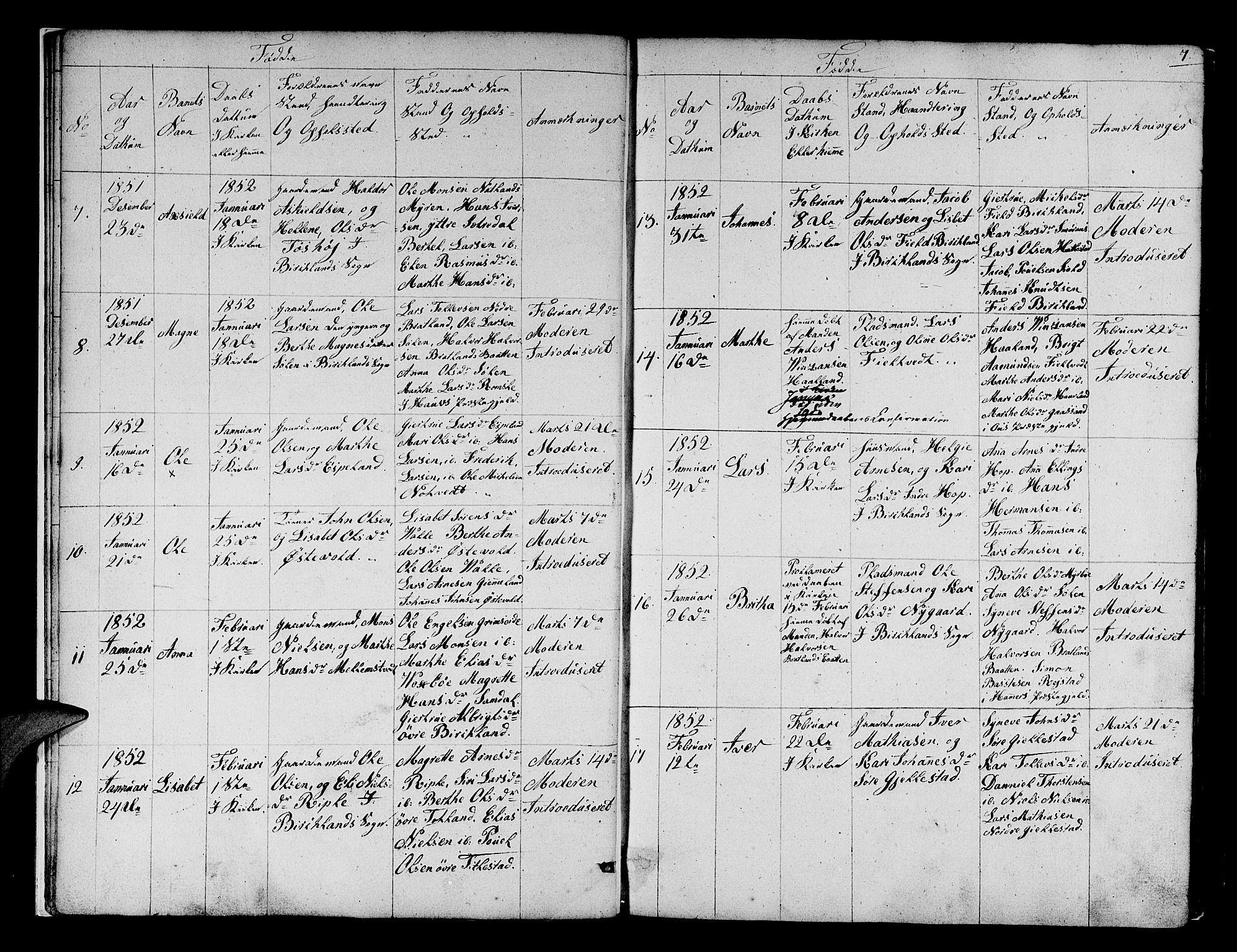 Fana Sokneprestembete, SAB/A-75101/H/Hab/Habb/L0002: Parish register (copy) no. B 2, 1851-1860, p. 7