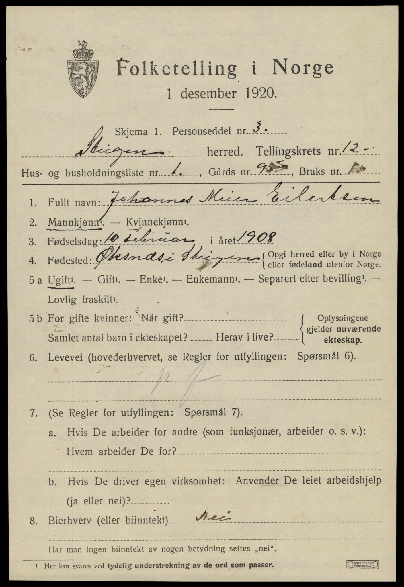 SAT, 1920 census for Steigen, 1920, p. 4768