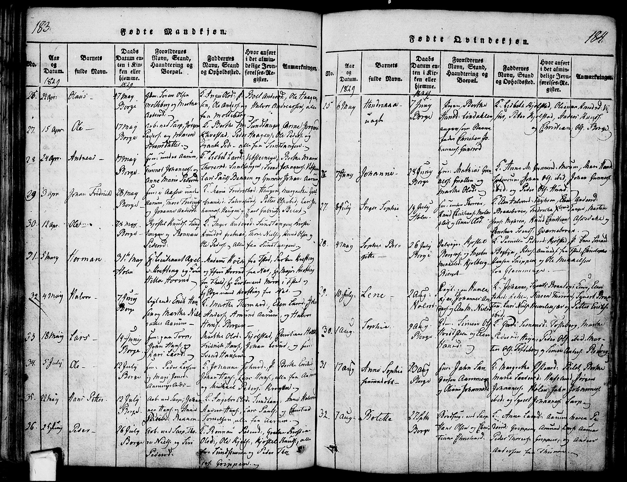 Borge prestekontor Kirkebøker, SAO/A-10903/F/Fa/L0003: Parish register (official) no. I 3, 1815-1836, p. 183-184