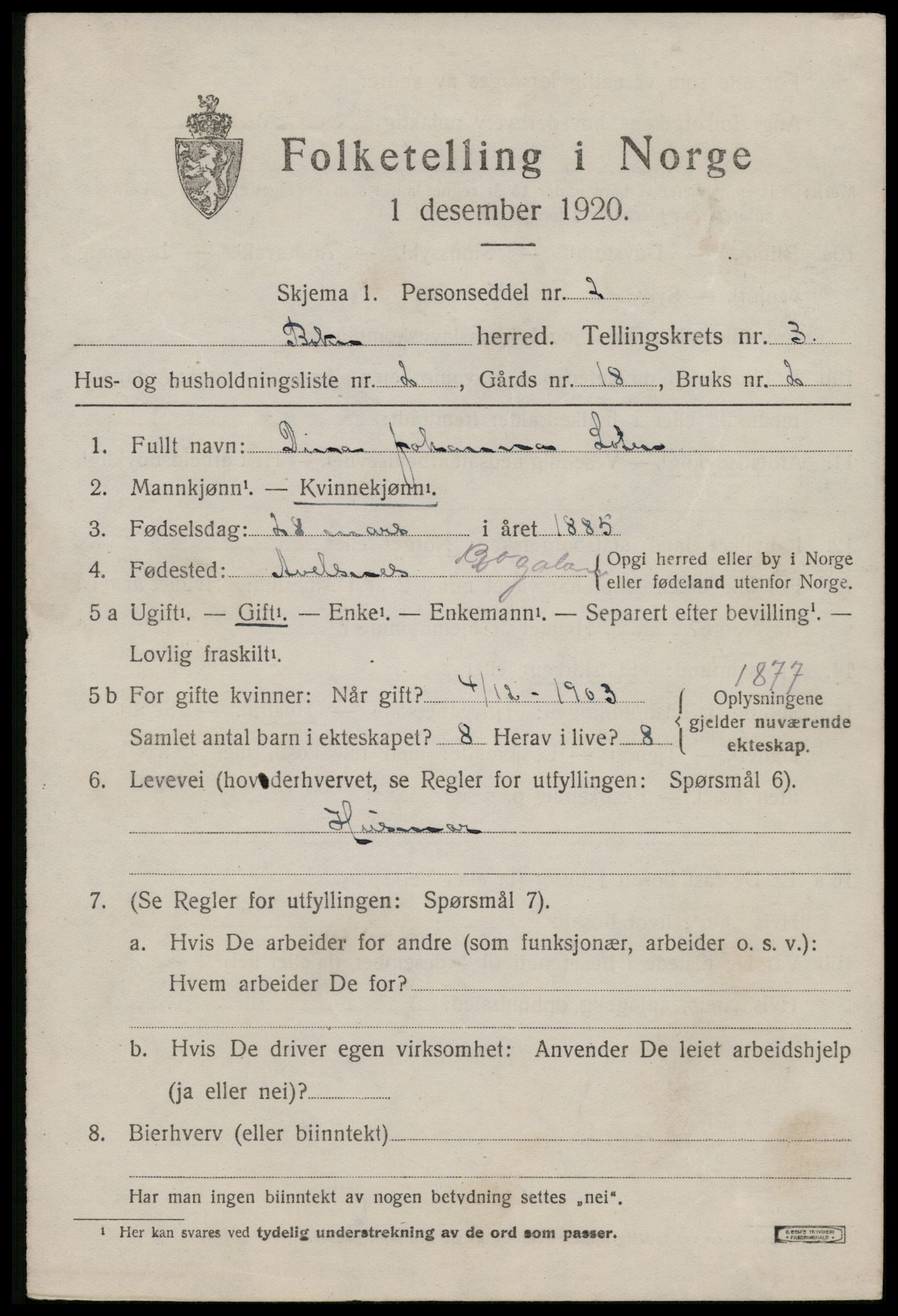 SAST, 1920 census for Bokn, 1920, p. 1332